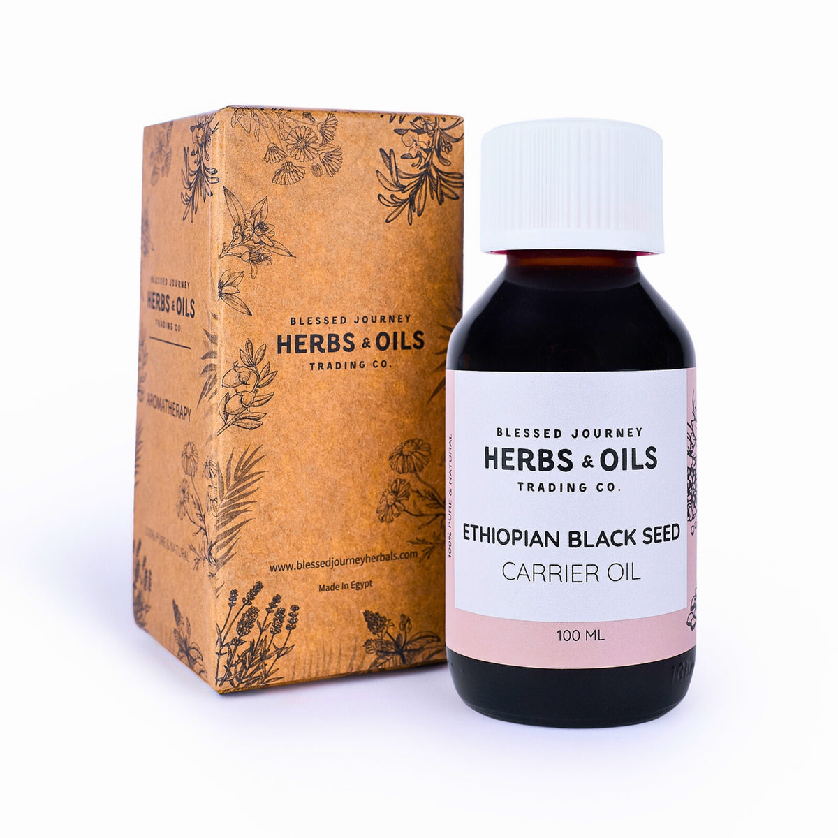 Blessed Journey 100% Pure Ethiopian Black Seed Oil in a dark glass bottle from El Meraki, a potent meta health supplement for internal and topical use.