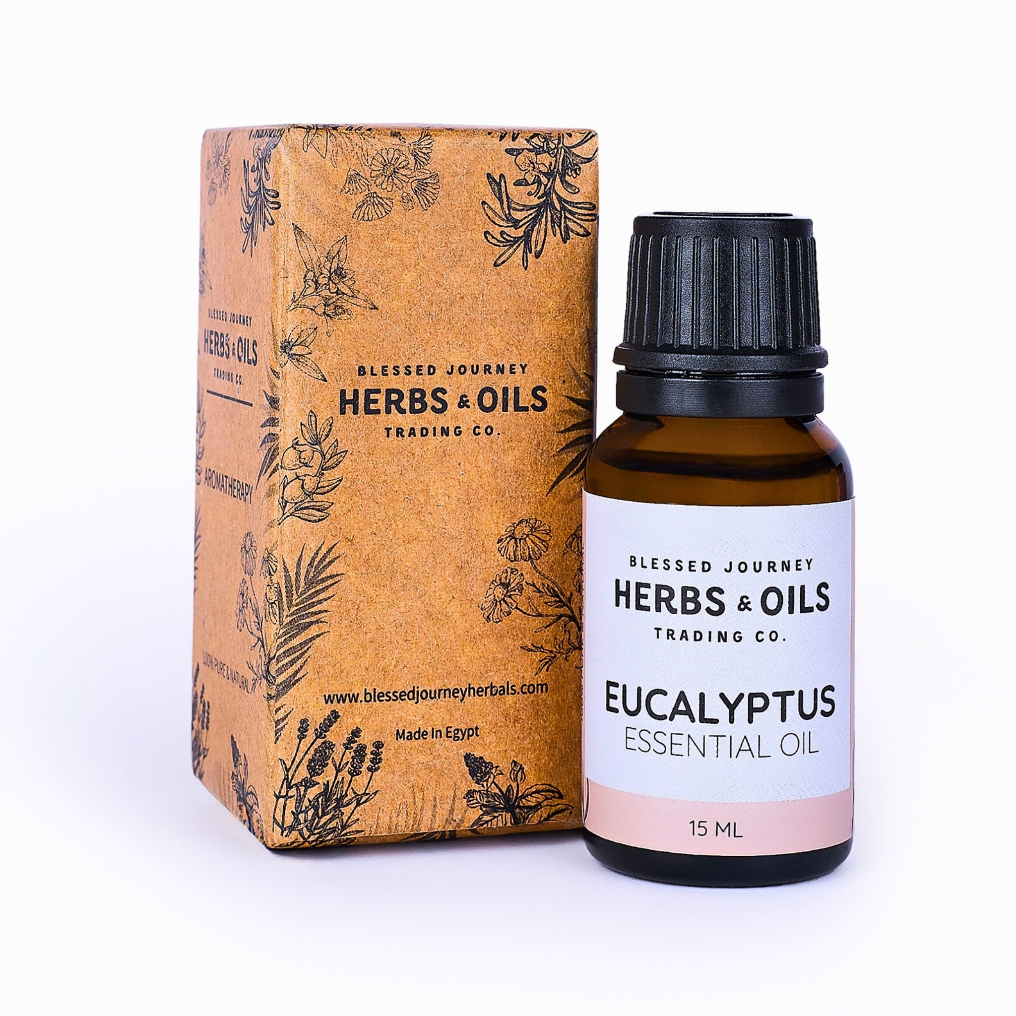 Blessed Journey 100% Pure Eucalyptus Essential Oil in a 15ml amber bottle from El Meraki, a potent respiratory support oil from Egypt.