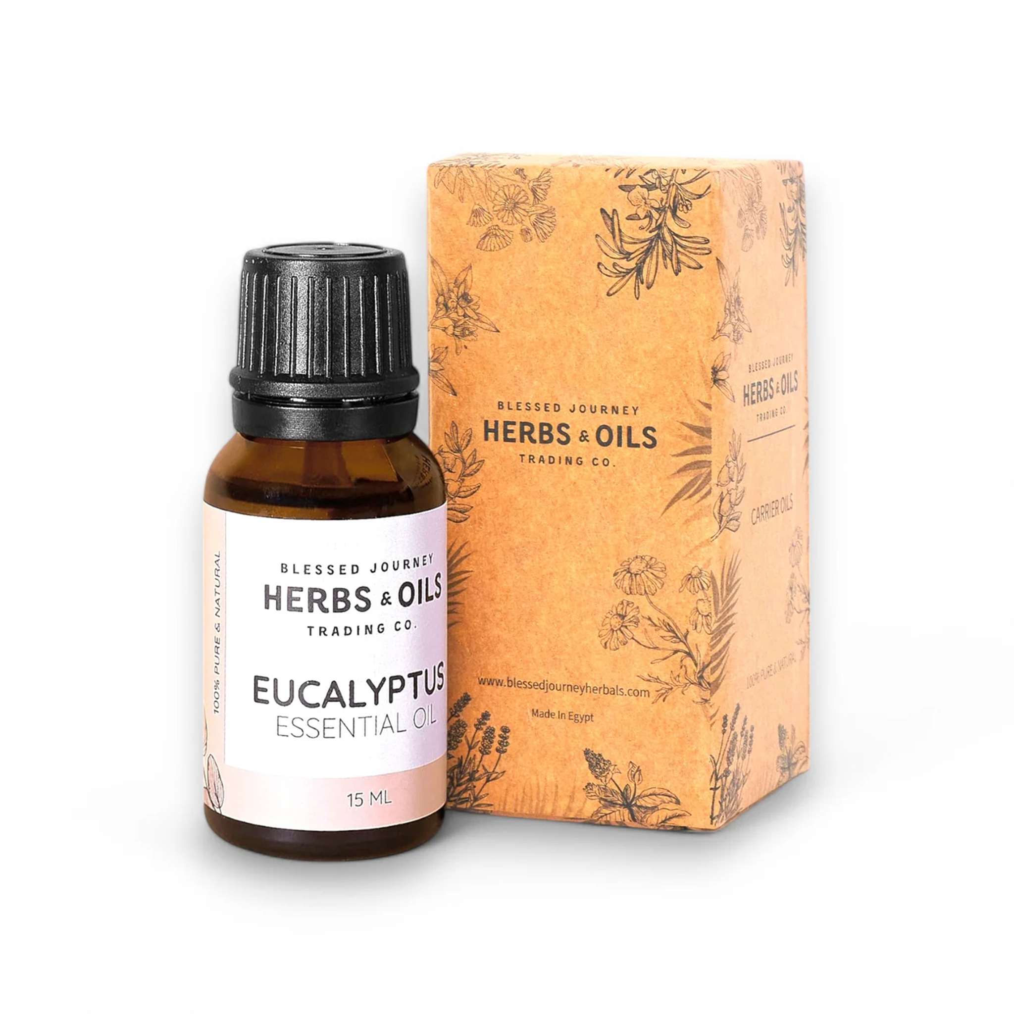 Blessed Journey Eucalyptus Essential Oil, a steam-distilled oil for respiratory support and purifying the air, made in Egypt.