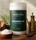 Glass jar of Blessed Journey Extra Virgin Coconut Oil, a natural product for cooking, skin, and hair care, available in Egypt.