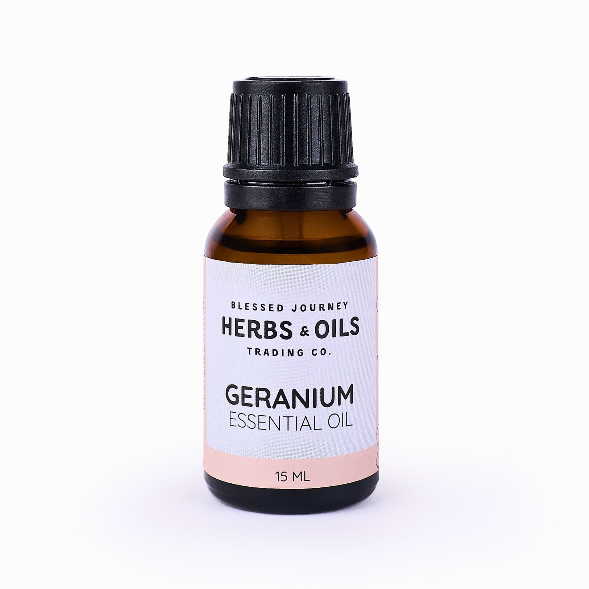 Blessed Journey 100% Pure Geranium Essential Oil in 15ml amber bottle from El Meraki, a skin-balancing and emotionally uplifting oil from Egypt.