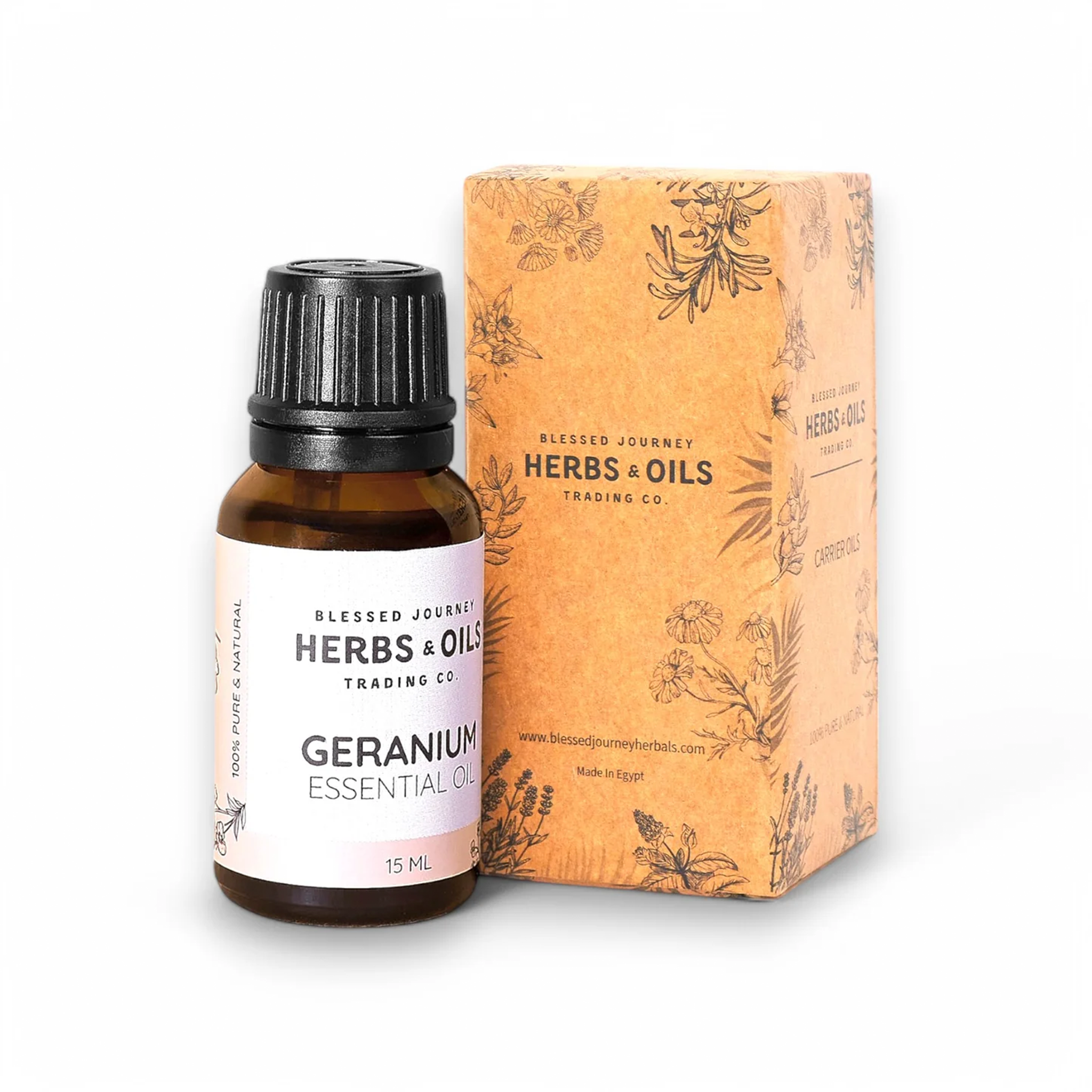 Blessed Journey Geranium Essential Oil, a steam-distilled oil for balancing skin and uplifting emotions, made in Egypt.