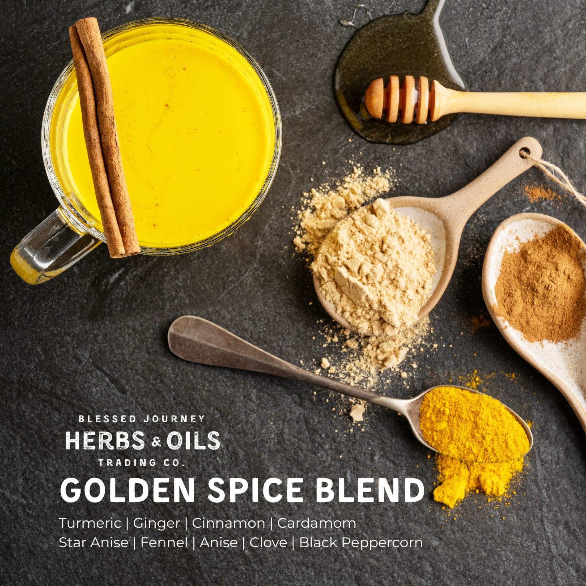 Blessed Journey Golden Spice Blend in a jar from El Meraki, a master herbalist's mix of turmeric, ginger, and other spices for wellness.