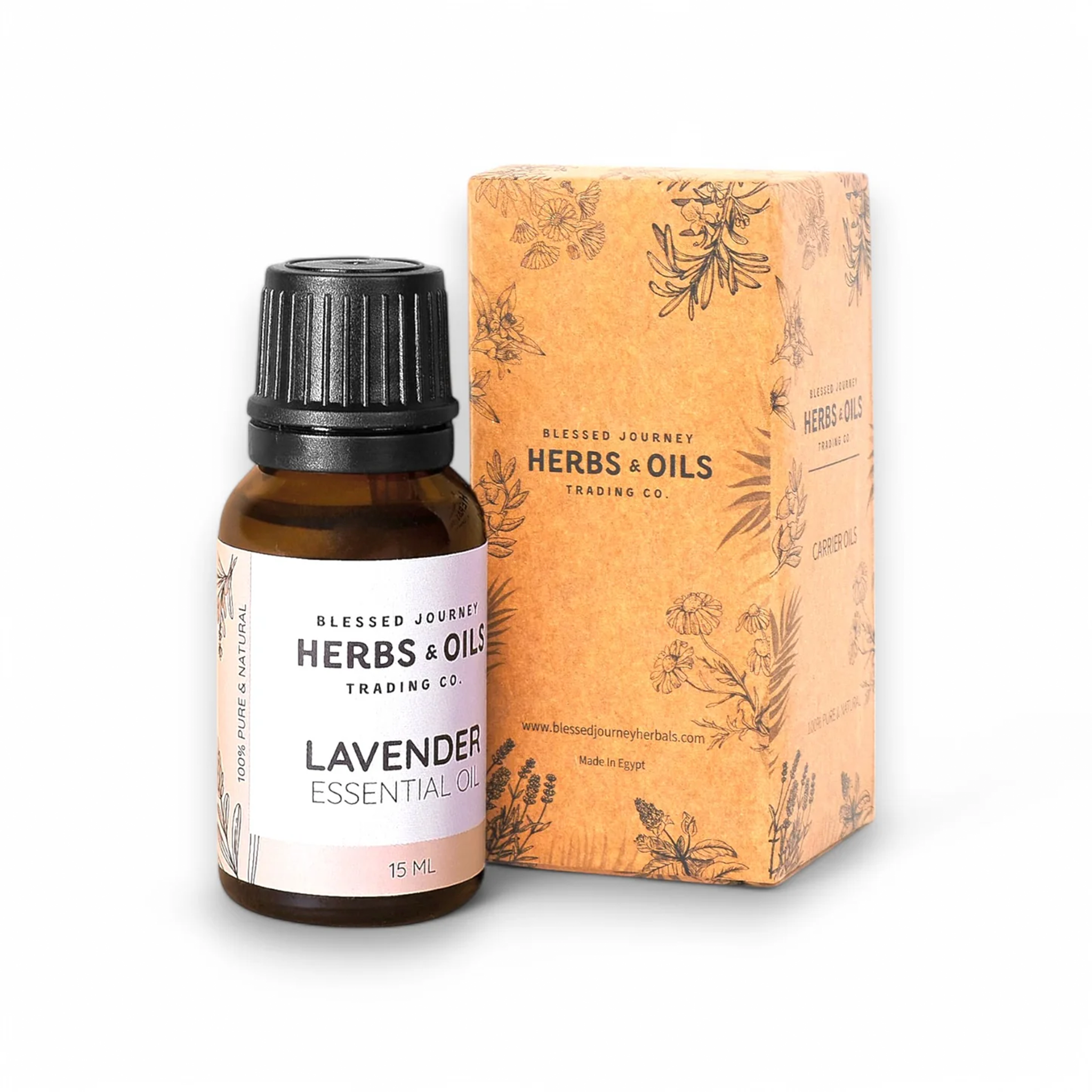 Blessed Journey Lavender Essential Oil, a steam-distilled oil for relaxation, sleep, and skin healing, made in Egypt.