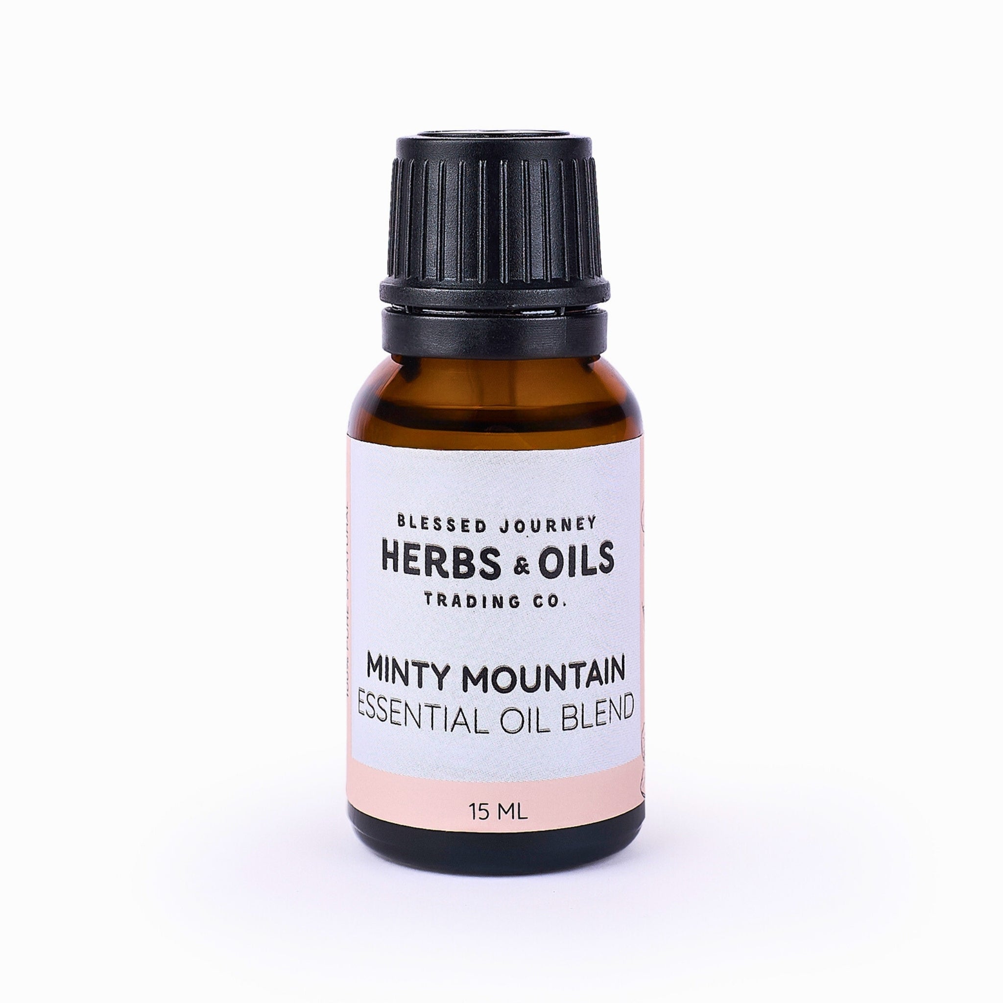 Blessed Journey Minty Mountain Essential Oil Blend in a 15ml amber glass bottle from El Meraki, a potent respiratory support synergy.