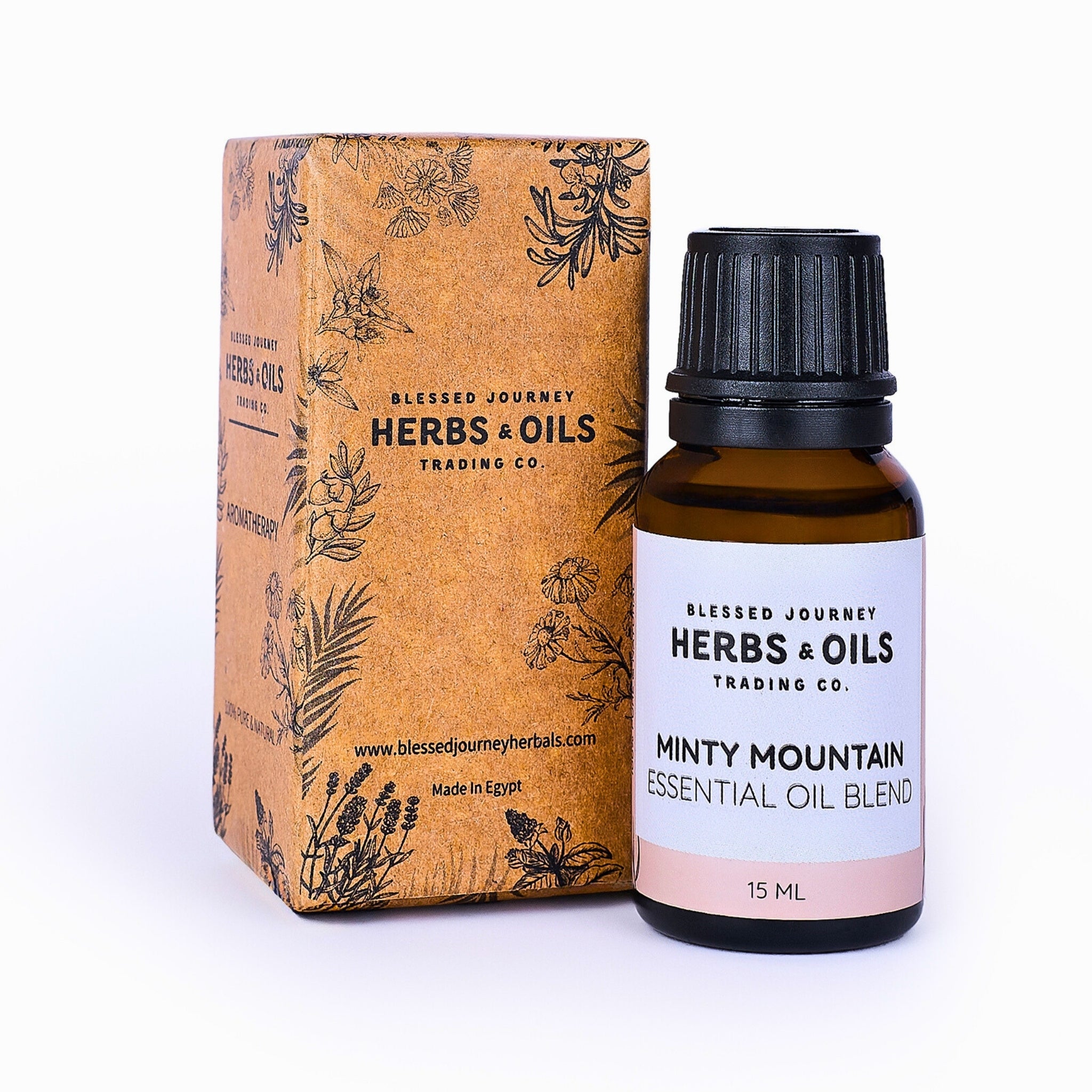 Blessed Journey Minty Mountain Essential Oil Blend in a 15ml amber glass bottle from El Meraki, a potent respiratory support synergy.