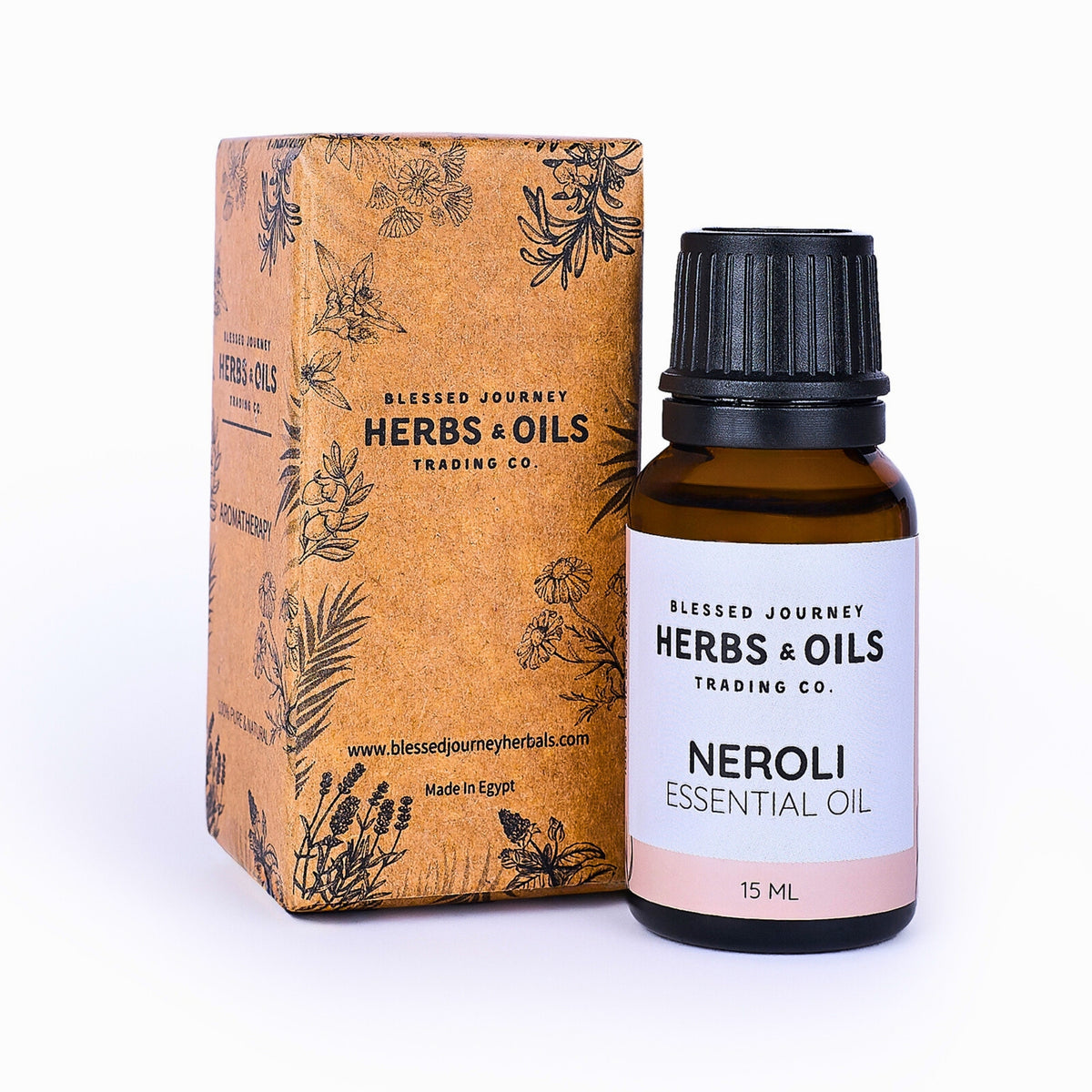 Blessed Journey 100% Pure Neroli Essential Oil in 15ml amber bottle from El Meraki, a luxurious emotional balance and skin care oil from Egypt.