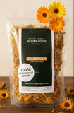 Blessed Journey Organic Calendula Flowers in resealable bag from El Meraki, vibrant orange Egyptian petals for skin-soothing herbal preparations.