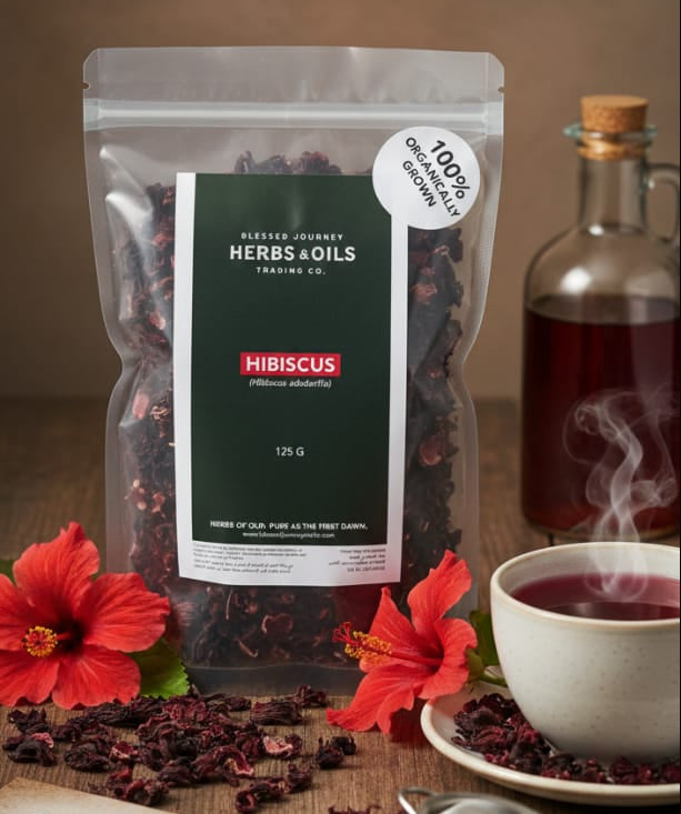 Blessed Journey Organic Hibiscus Flowers in resealable bag from El Meraki, vibrant crimson Egyptian petals for antioxidant-rich tea.