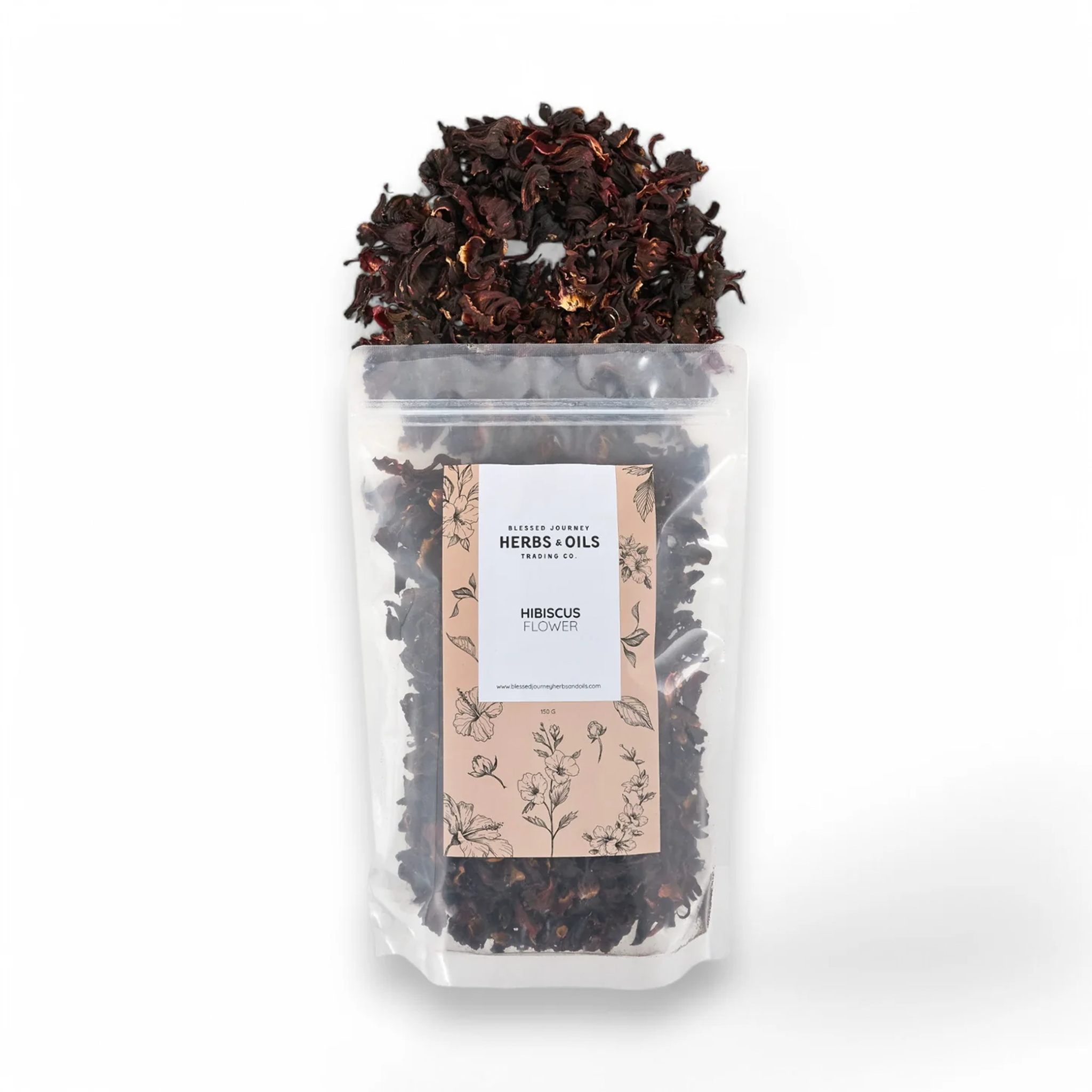 Blessed Journey Organic Hibiscus Flowers (Karkade), a vibrant red herbal tea for heart health and antioxidants, grown in Egypt.