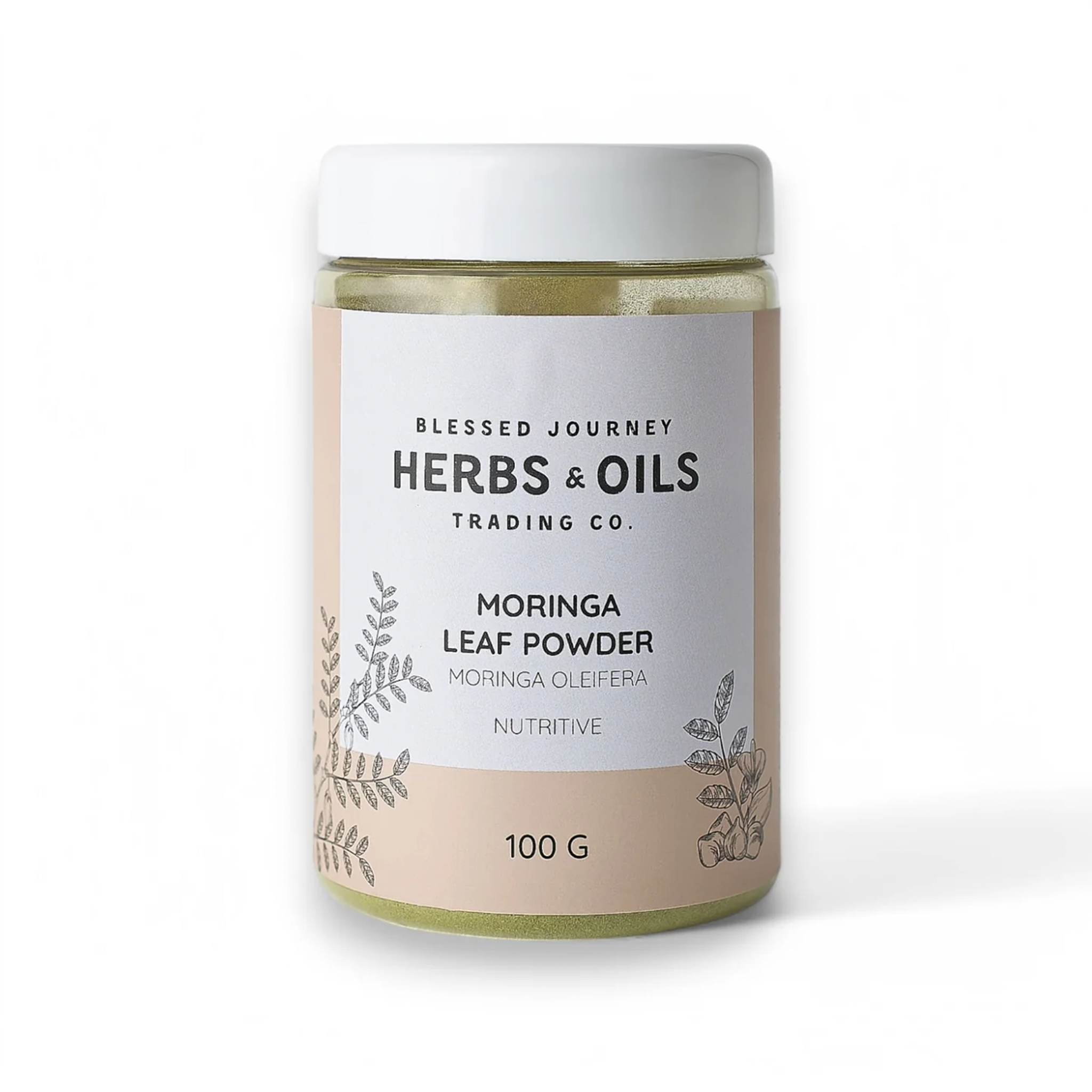 Blessed Journey Organic Moringa Leaf Powder in kraft bag from El Meraki, vibrant green Egyptian superfood for energy and nutrition.