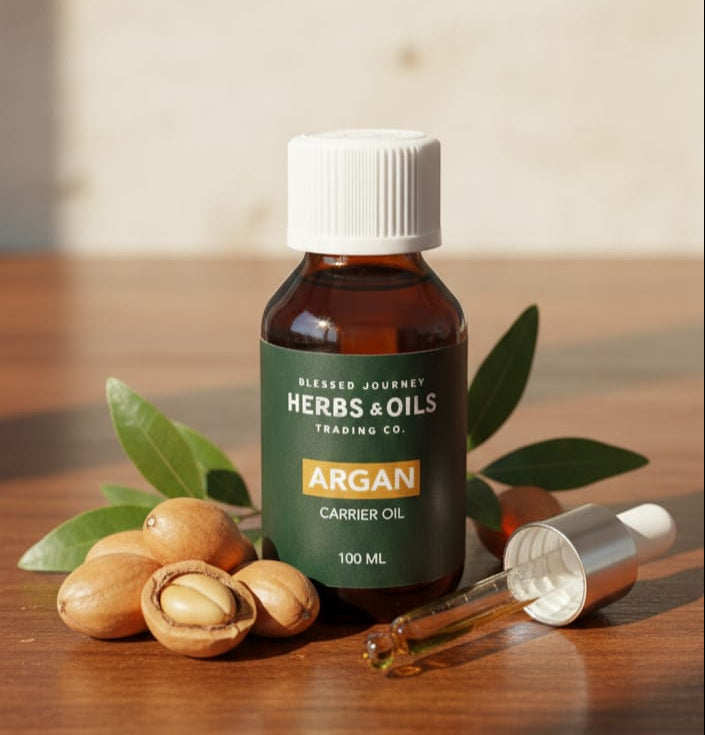 Blessed Journey 100% Pure Moroccan Argan Oil in a dark glass bottle from El Meraki, a meta health beauty elixir for skin and hair.
