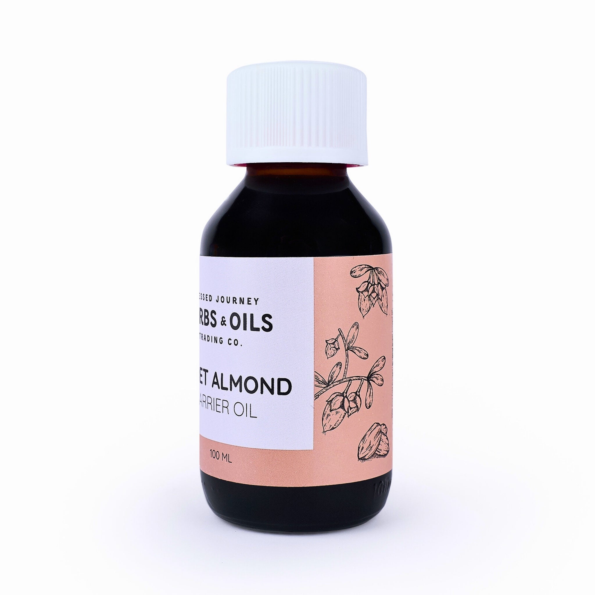 Blessed Journey 100% Pure Sweet Almond Oil in a dark glass bottle from El Meraki, a versatile carrier oil for skin, hair, and massage.