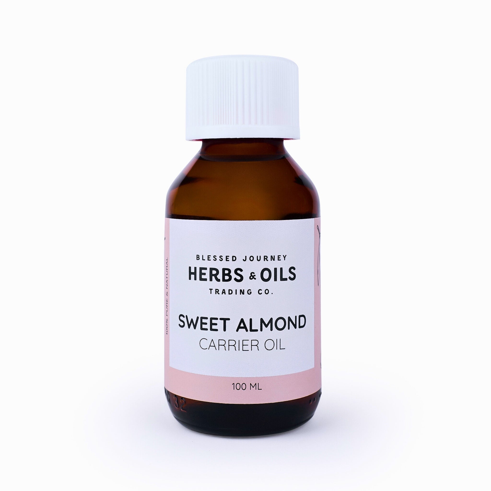 Blessed Journey 100% Pure Sweet Almond Oil in a dark glass bottle from El Meraki, a versatile carrier oil for skin, hair, and massage