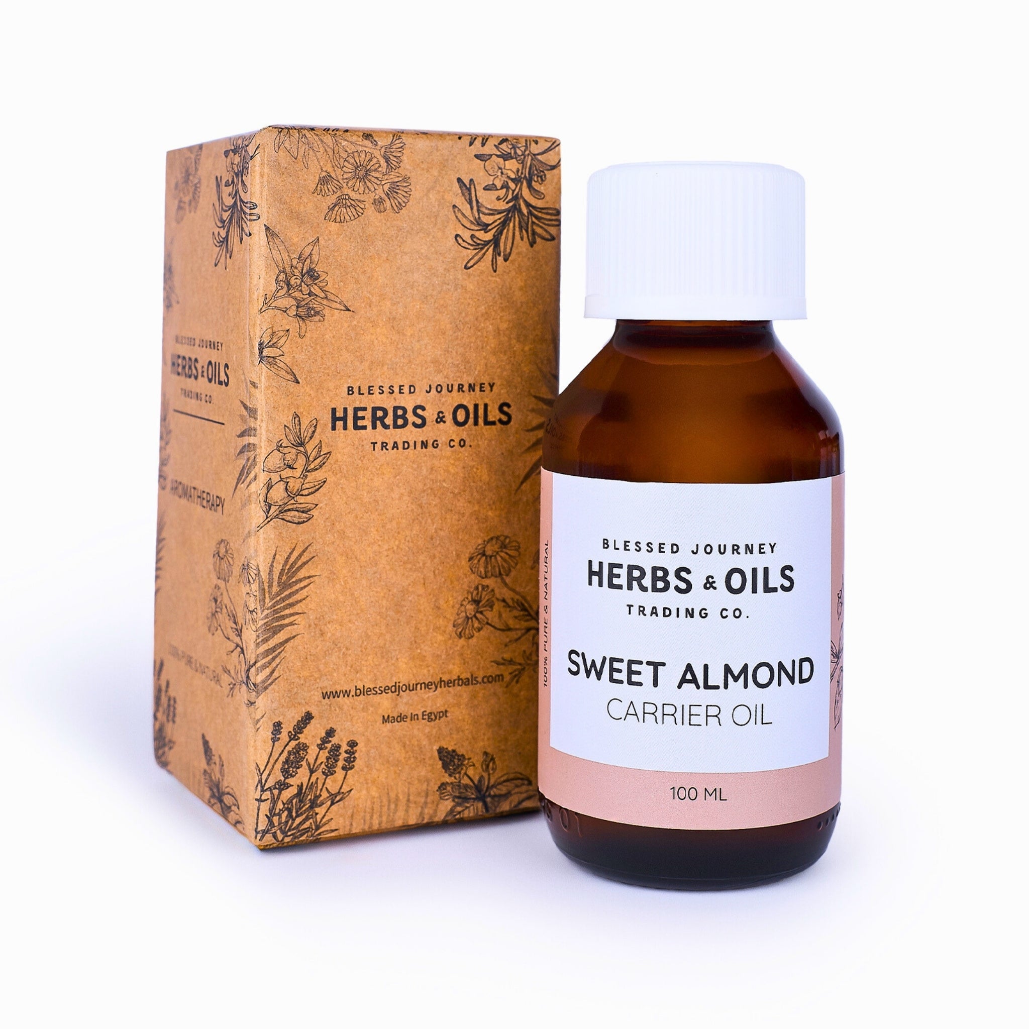 Blessed Journey 100% Pure Sweet Almond Oil in a dark glass bottle from El Meraki, a versatile carrier oil for skin, hair, and massage.