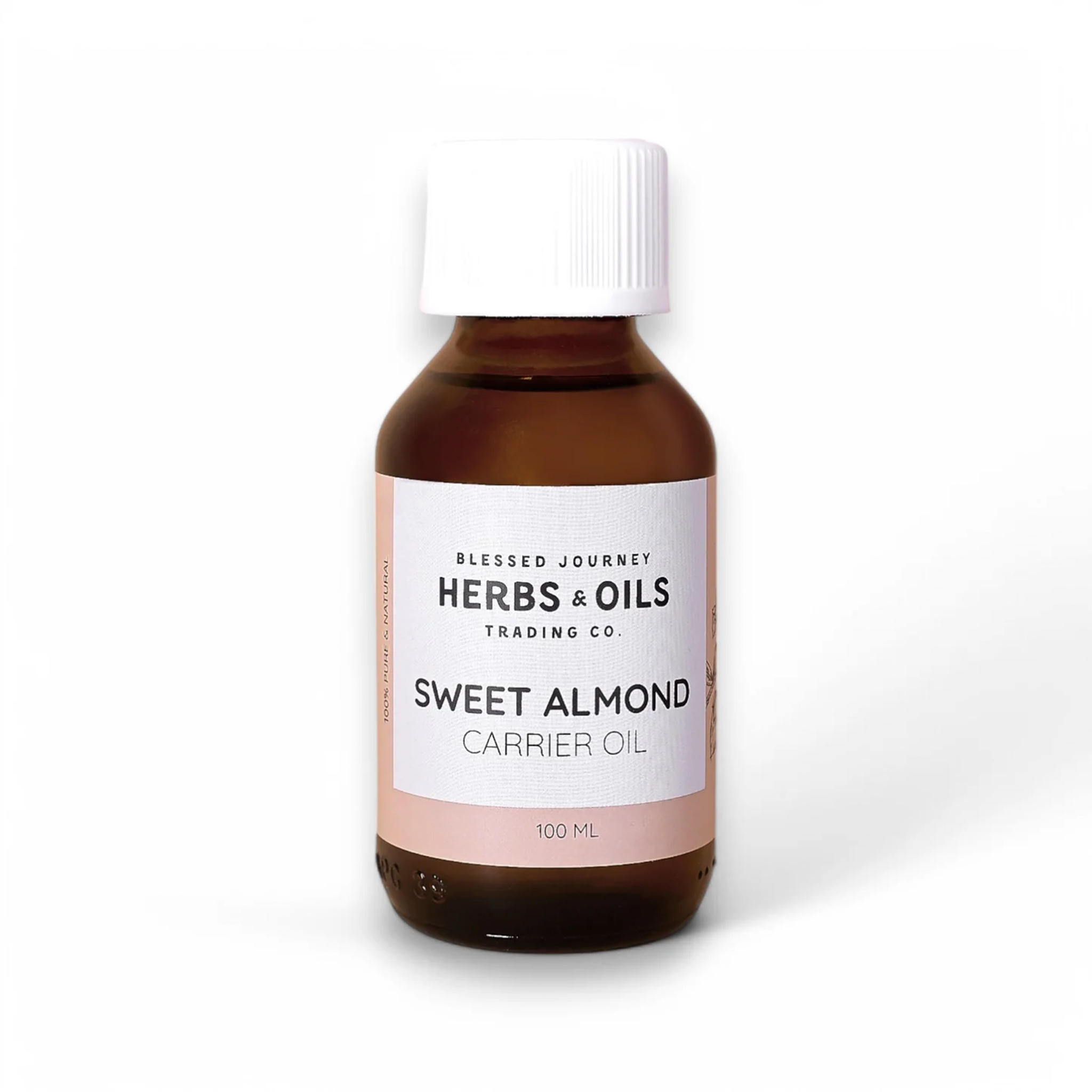 Blessed Journey Sweet Almond Oil, a cold-pressed natural oil for moisturizing skin, hair care, and massage, made in Egypt.