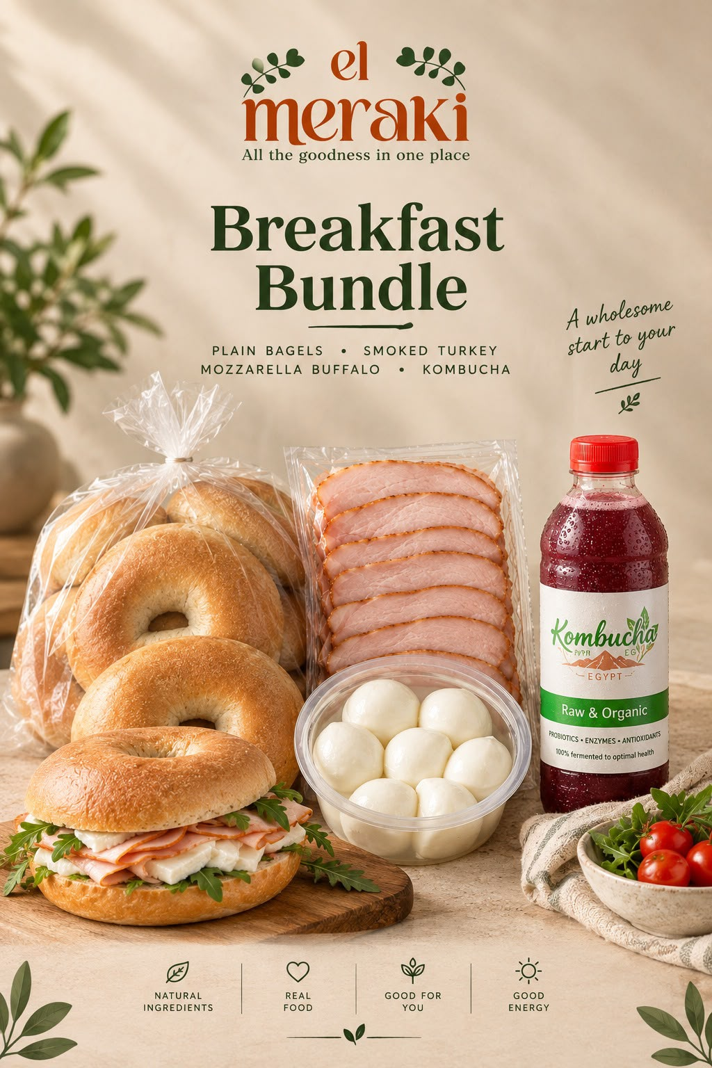 Breakfast Bundle 1 featuring plain bagels, smoked turkey, buffalo mozzarella and kombucha