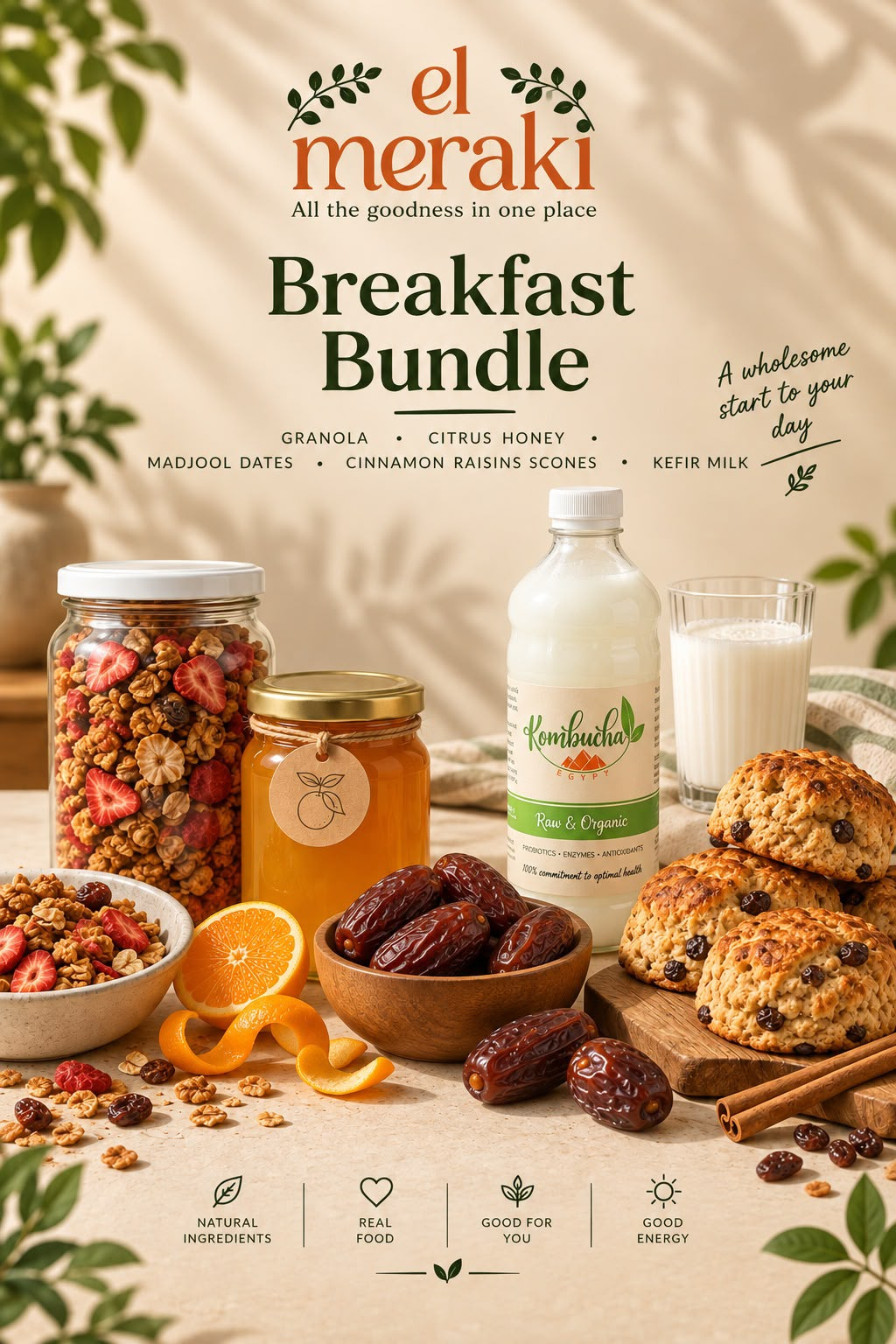Breakfast Bundle 2 featuring granola, 250 g citrus honey, cinnamon raisin scones, Bennu Medjool dates and kefir buffalo milk