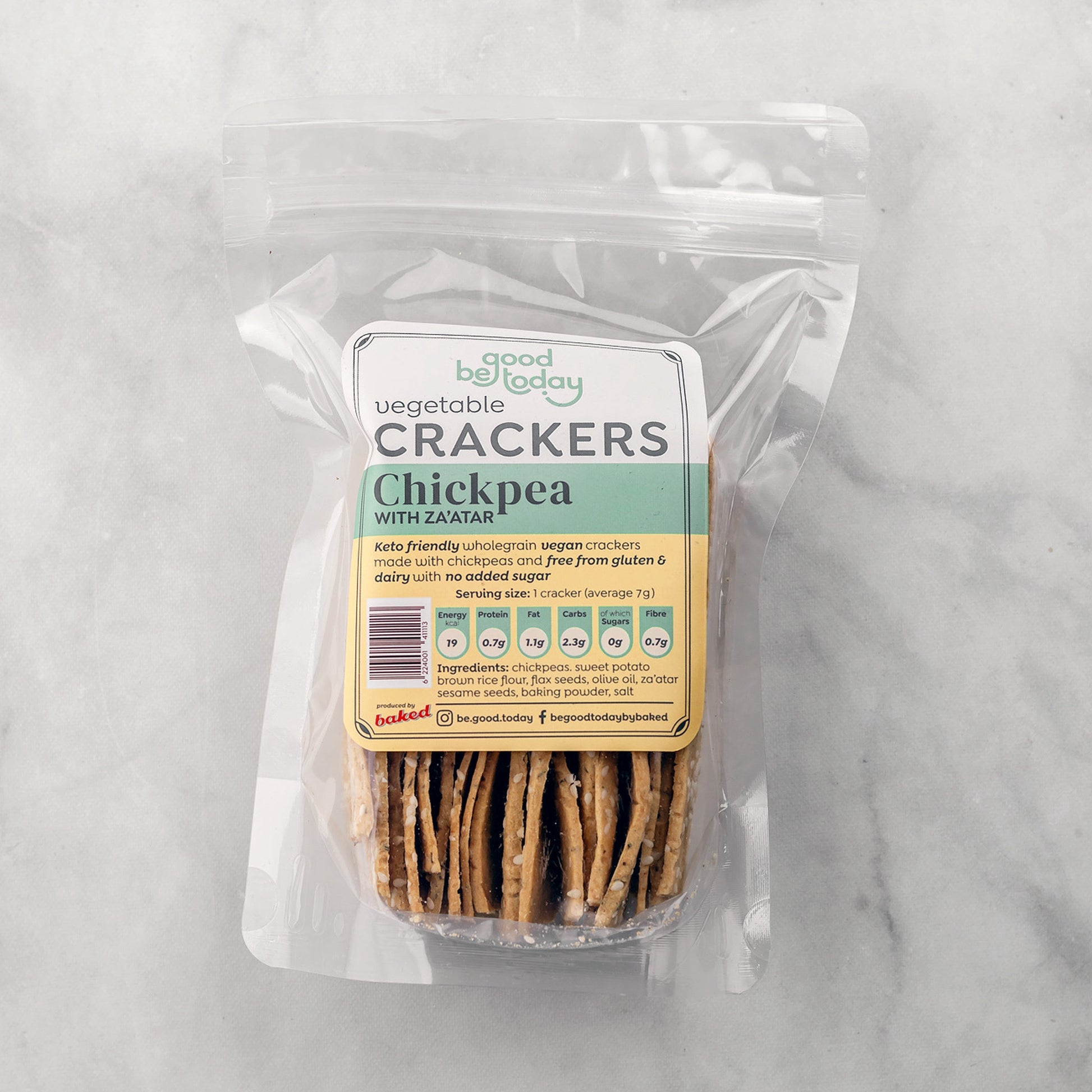 Be Good Today Chickpea Za'atar Crackers topped with sesame seeds and made with chickpeas, sweet potato, brown rice and flax seeds
