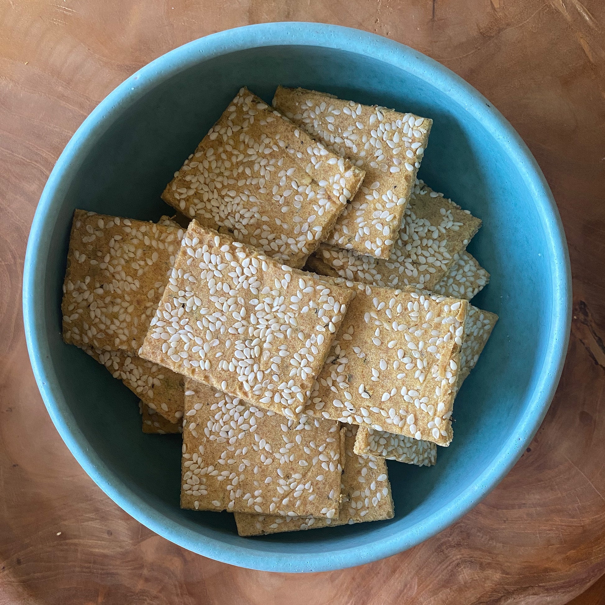 Be Good Today Chickpea Za'atar Crackers topped with sesame seeds and made with chickpeas, sweet potato, brown rice and flax seeds