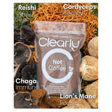 Clearly Not Coffee adaptogenic beverage blend in packaging with scoop.