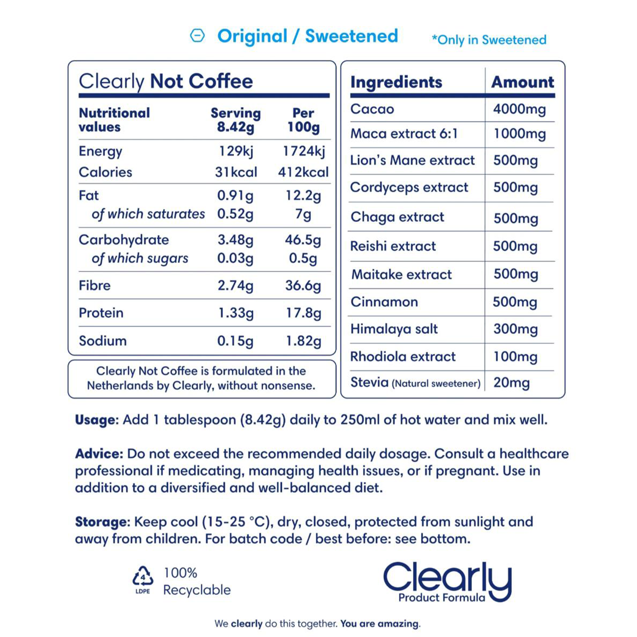 Clearly Not Coffee adaptogenic beverage blend in packaging with scoop.