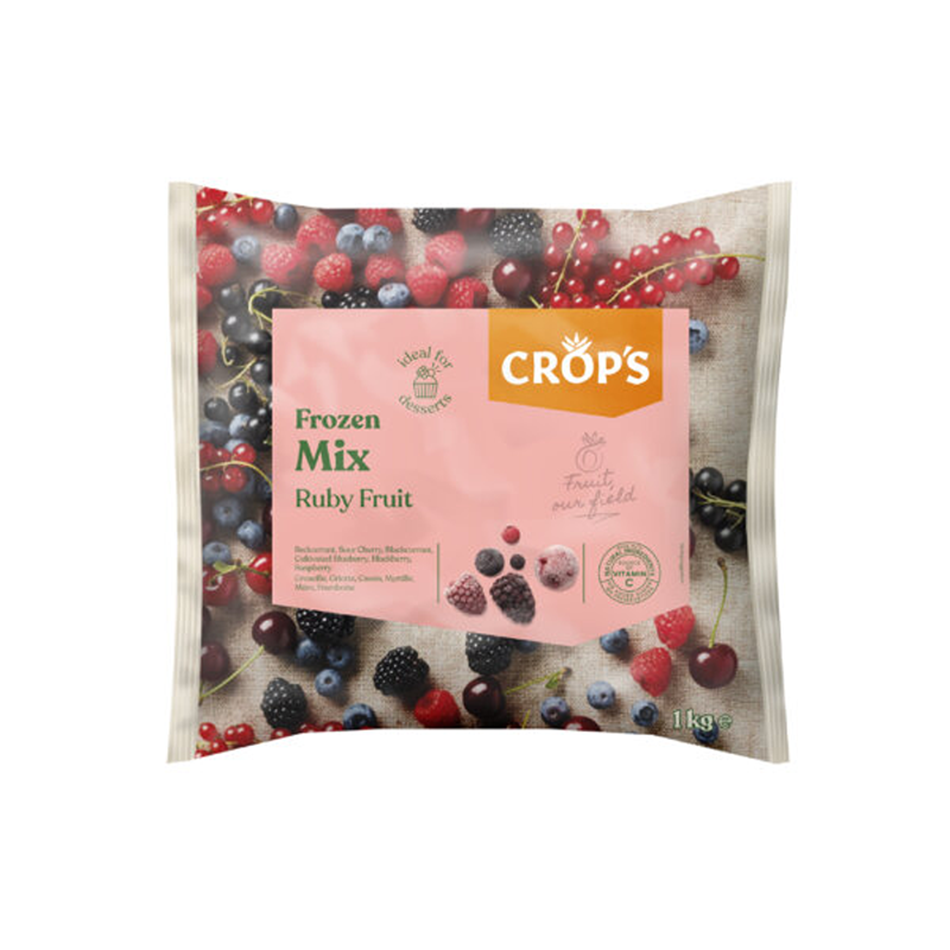 Crops RUBY FRUIT MIX 1Kg - A vibrant medley of IQF blackberries, blueberries, raspberries, and sour cherries in a stunning ruby palette | مزيج الفواكه الروبي من كروبس ١ كجم - مزيج نابض بالحياة من التوت الأسود والتوت الأزرق والتوت الأحمر والكرز الحامض المجمد بتقنية IQF بلوحة روبي مذهلة