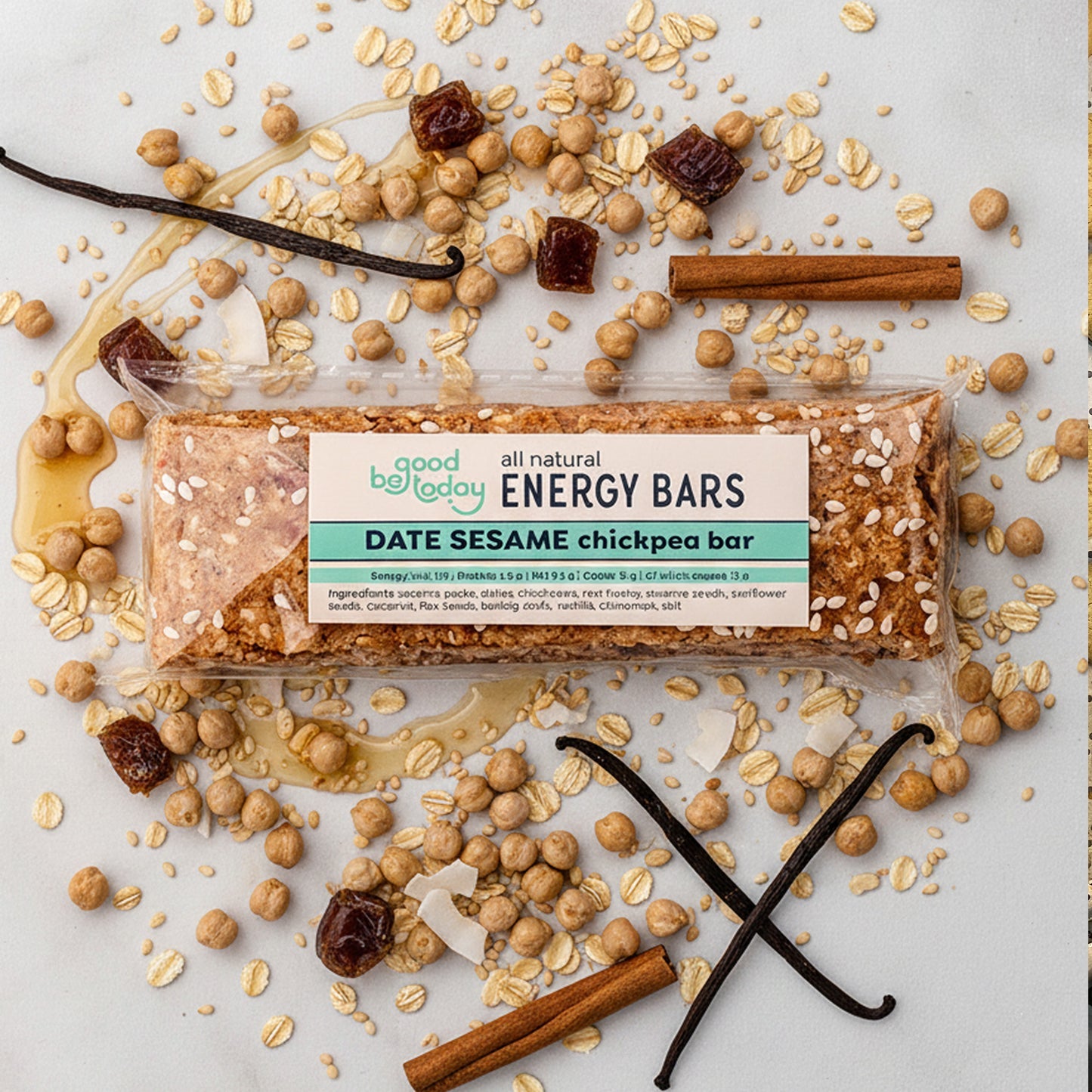 Be Good Today Date Sesame Chickpea Energy Bar 1 piece with dates, sesame, chickpeas, coconut and flax