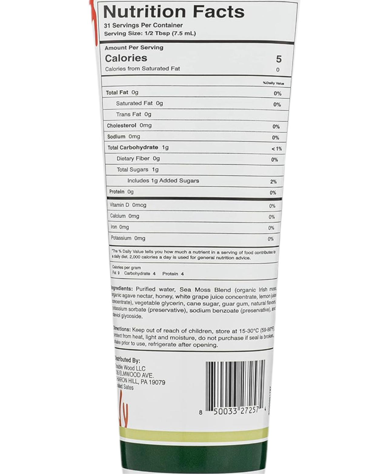 Bottle of Double Wood Sea Moss Gel in Peach Mango flavor, a nutritious food supplement.