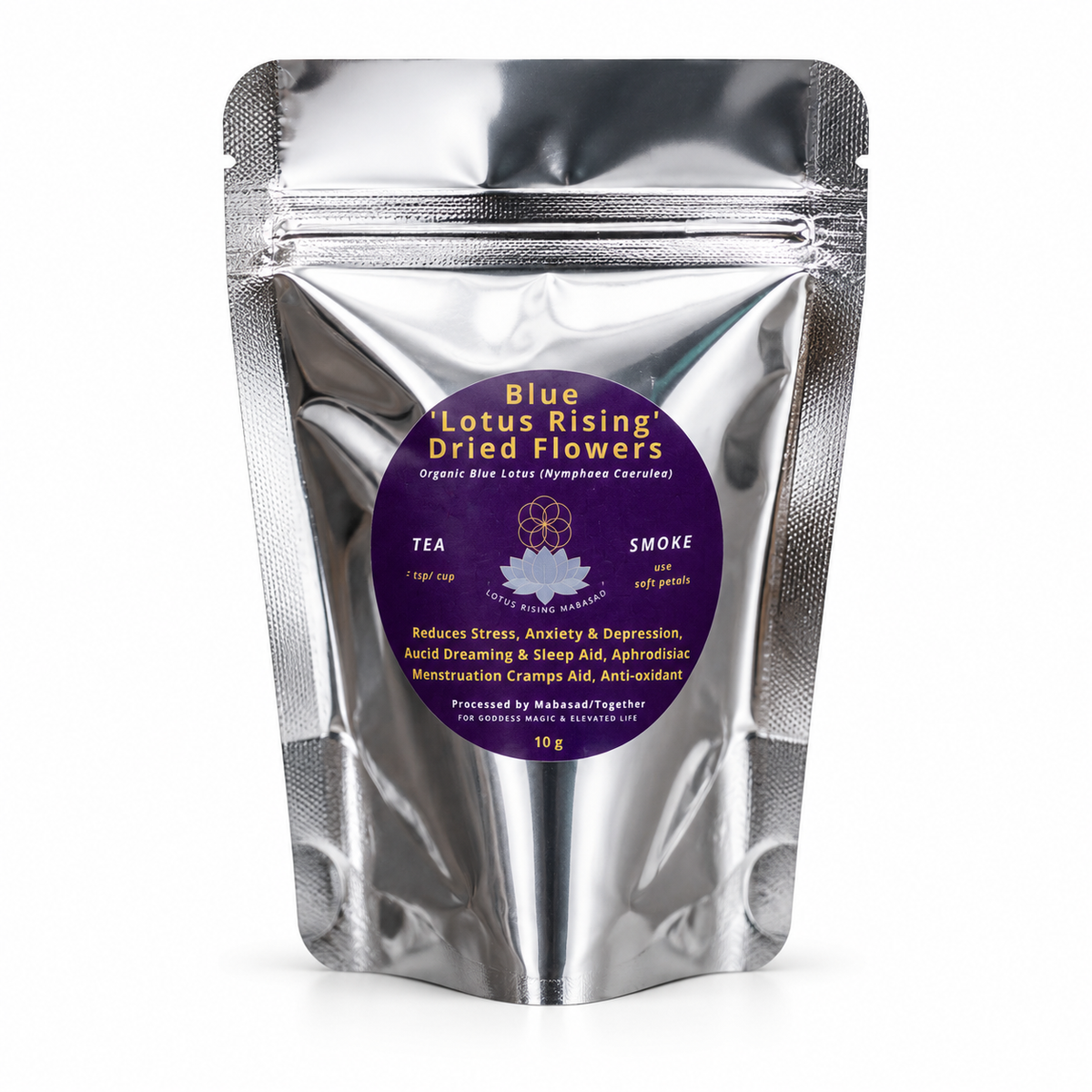 Lotus Rising Organic Dried Blue Lotus Flowers 10 g in premium resealable pouch for herbal tea and ceremonial use | زهور اللوتس الأزرق العضوية المجففة من لوتس رايزنج ١٠ جرام داخل عبوة محكمة الإغلاق مناسبة لتحضير الشاي العشبي والاستخدامات التأملية والطقوس التقليدية