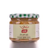Jar of Spicy Pickled Green Agizi Olives with chili by BOSTAN SETELHOSN, a probiotic Egyptian condiment.