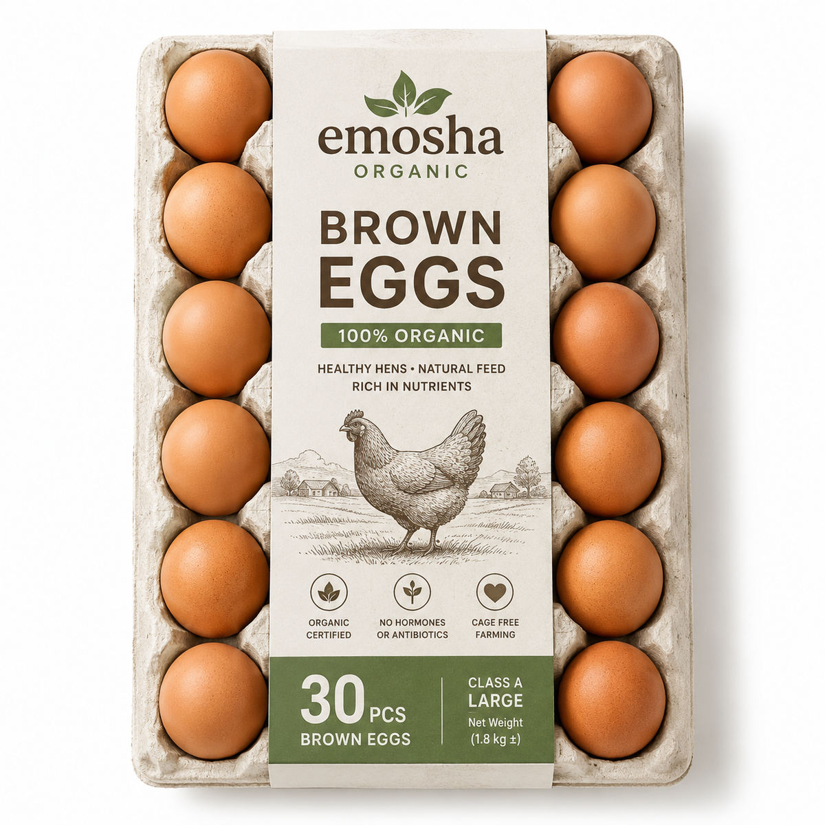 Emosha Organic Brown Eggs 30 pieces fresh egg tray packaging on white background