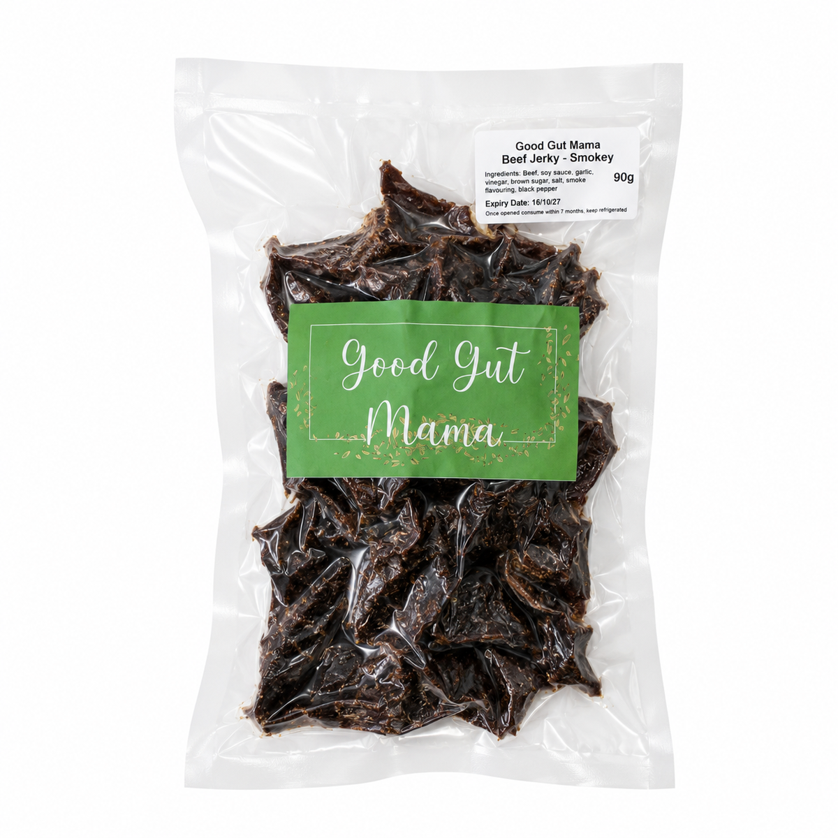 Pack of Good Gut Mama Beef Jerky from Egypt, showing seasoned dried meat strips smokey flavored