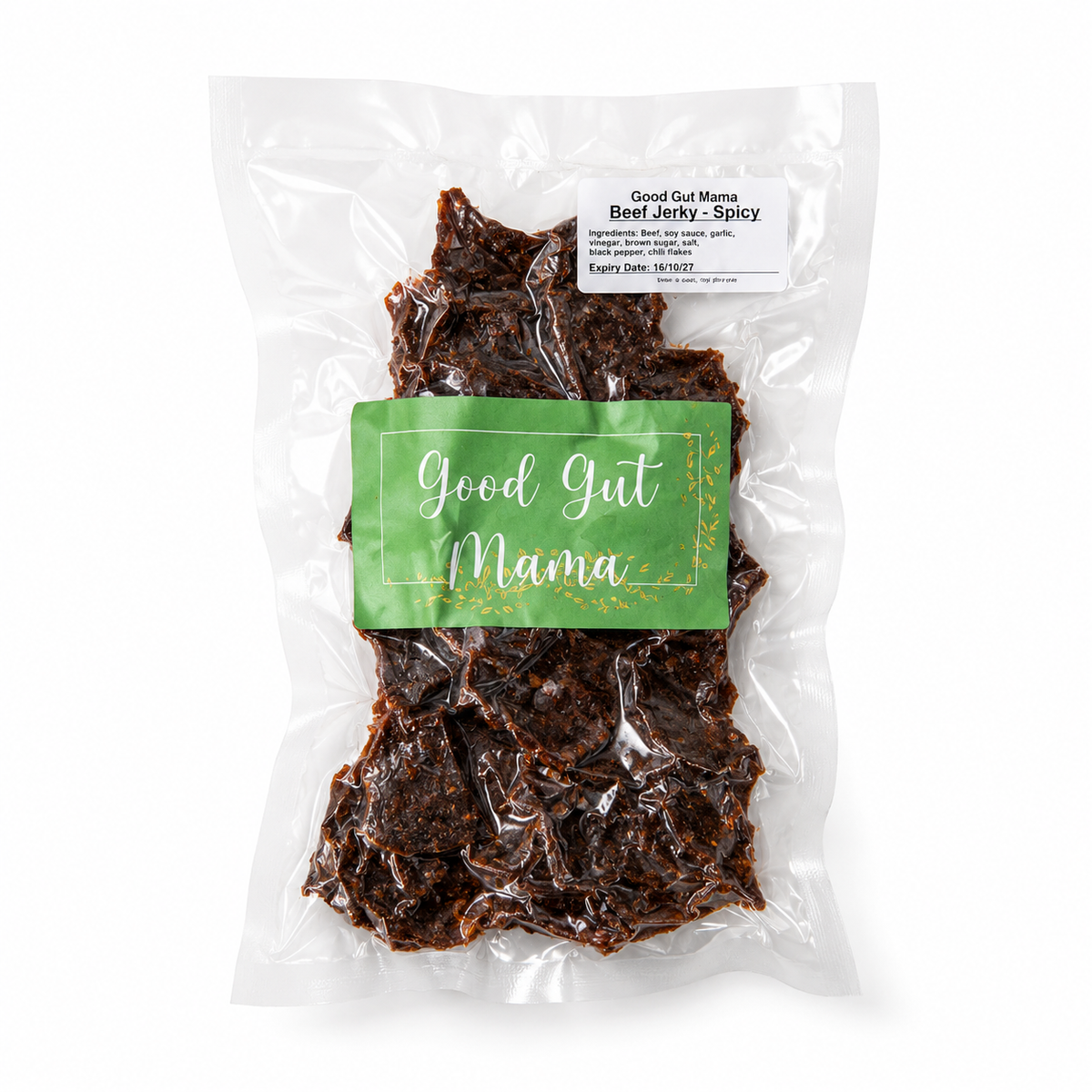 Pack of Good Gut Mama Beef Jerky from Egypt, showing seasoned dried meat strips smokey spicy flavored