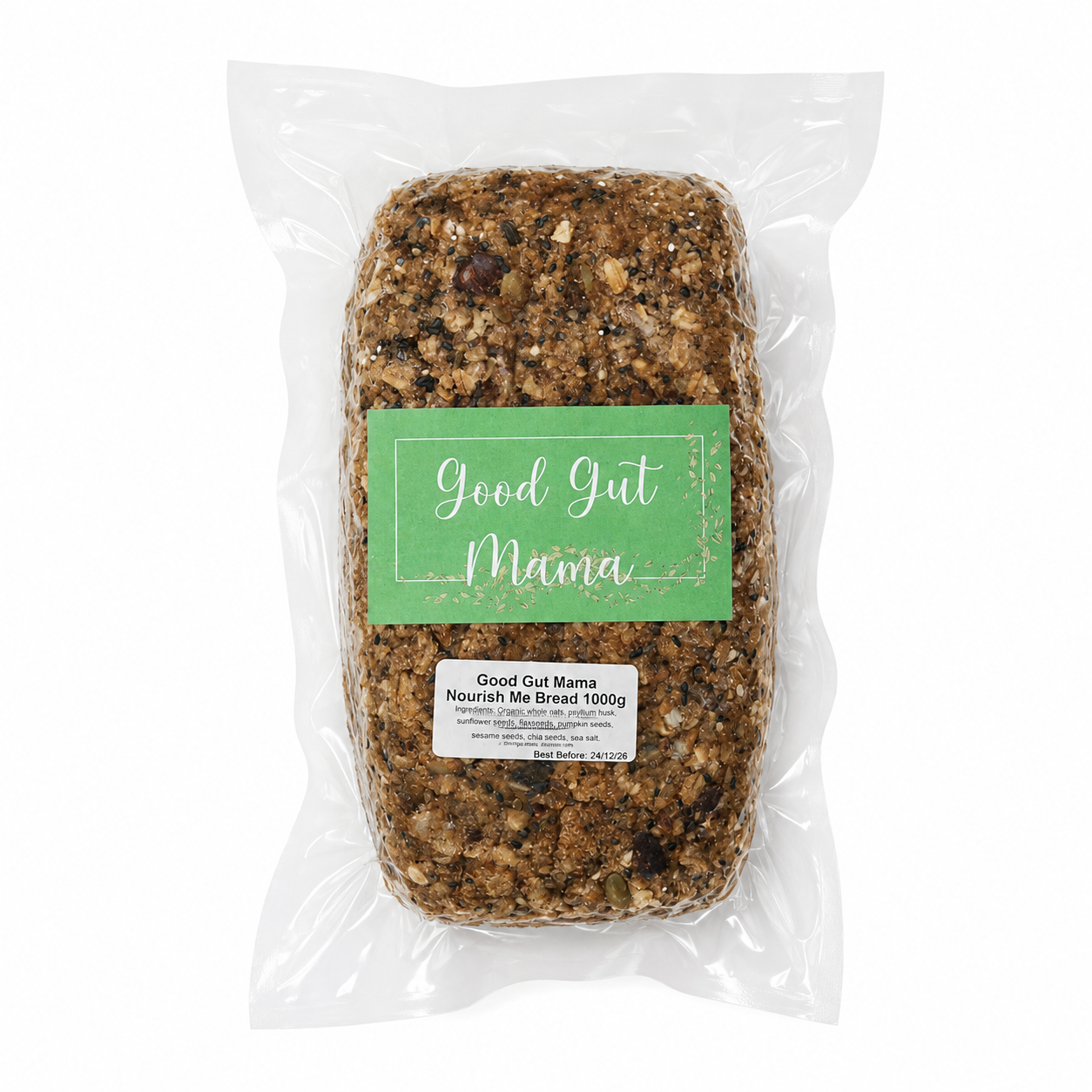Good Gut Mama Nourish Me Bread Loaf from Egypt, a dense nut and seed bread.
