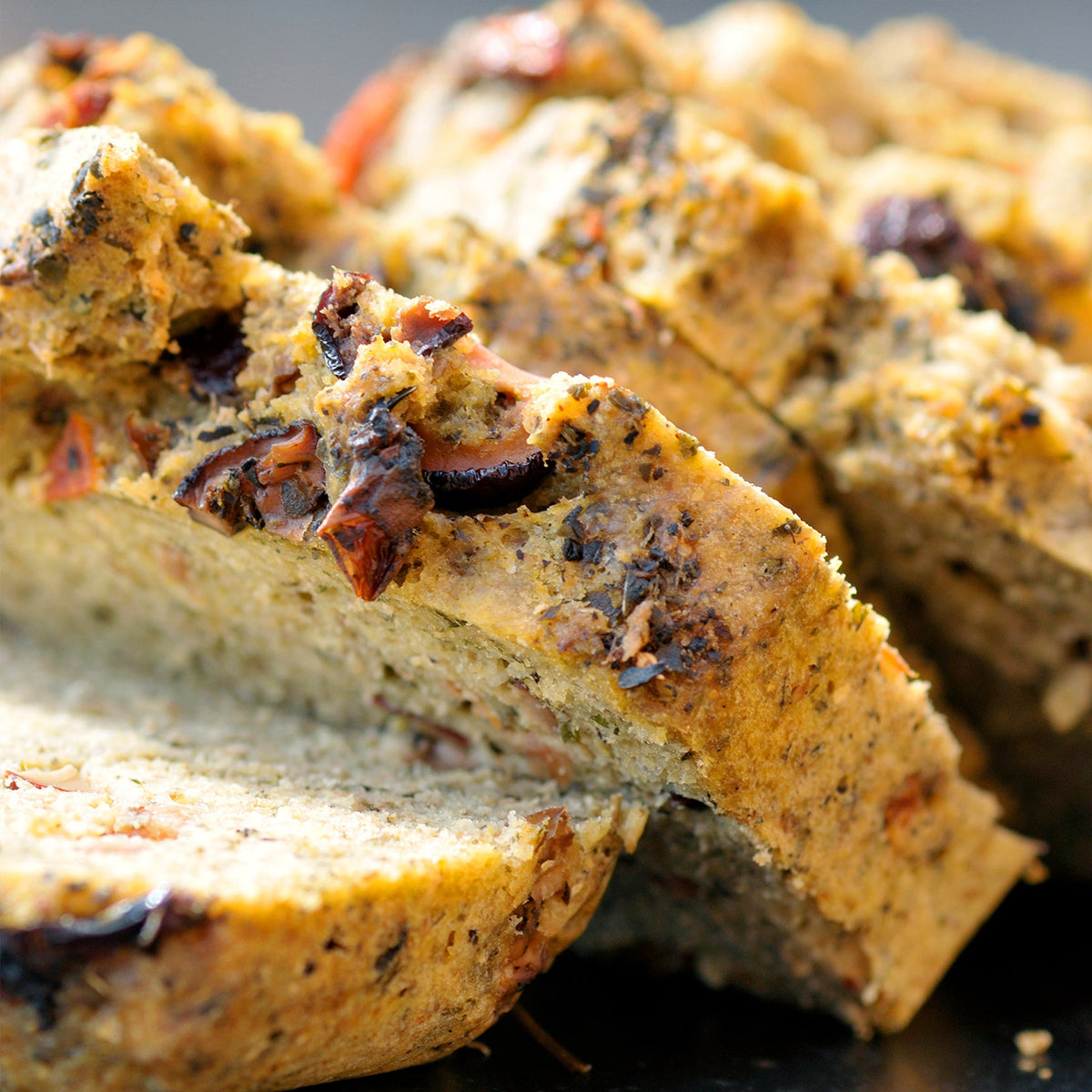 High Fibre Bread with Tomato and Olive Mix Toast by Be Good Today, gluten-free bread with flax, chickpeas, brown rice flour, tomato, olives and za'atar
