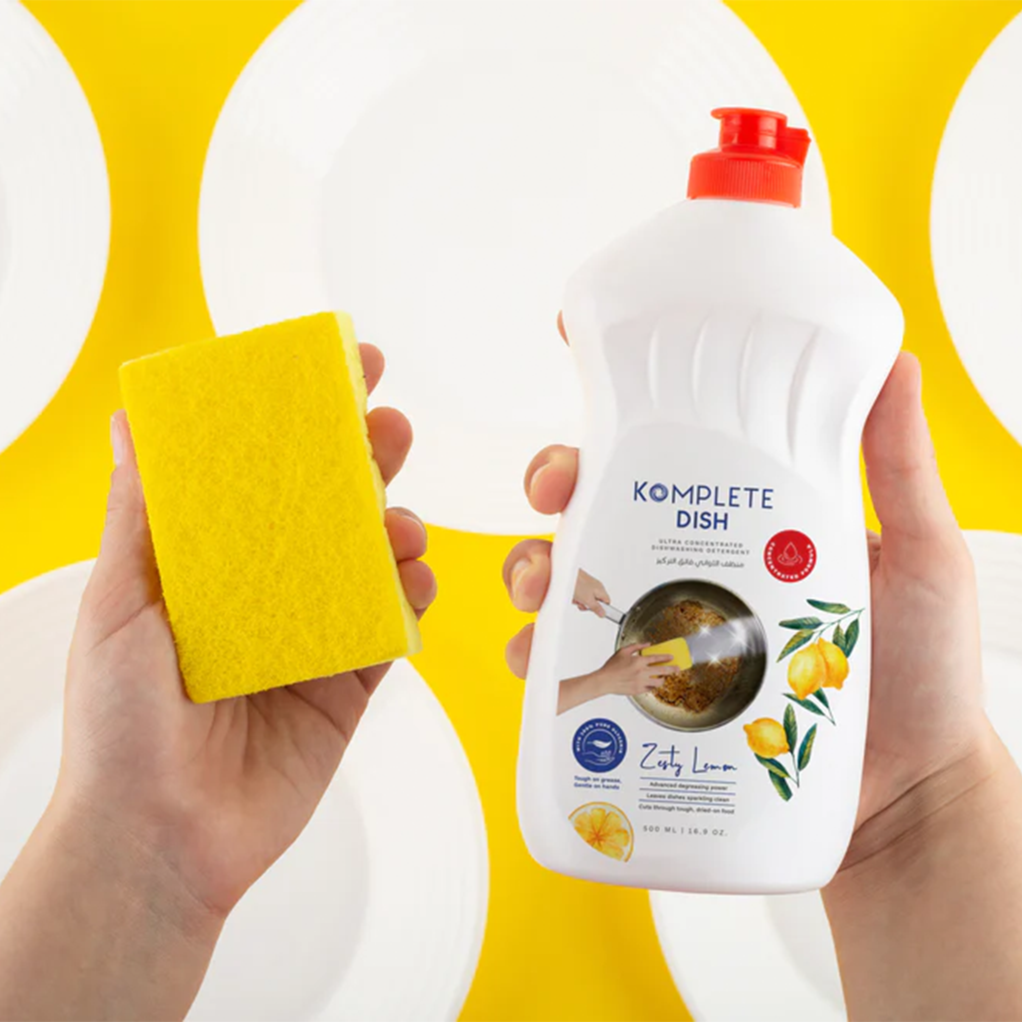 Komplete Dishwashing Liquid bottle - tough on grease, gentle on hands.