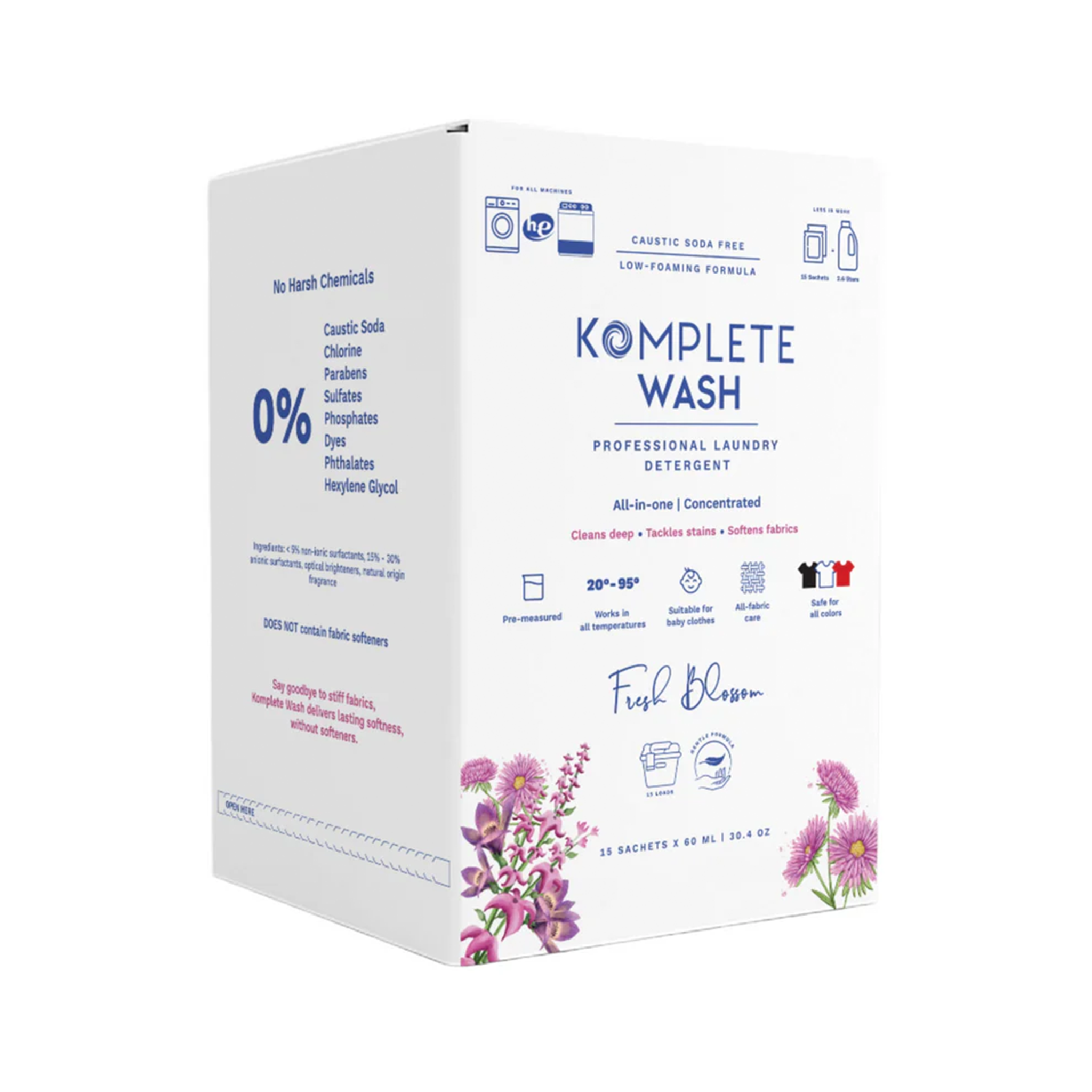 Komplete Liquid Laundry Detergent sachet - caustic soda-free and gentle on fabrics.