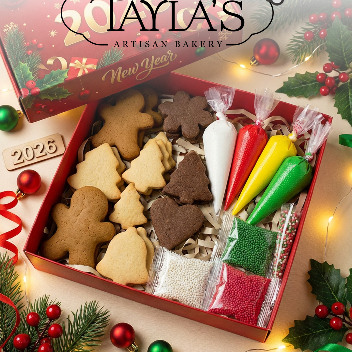 Little Elves’ Decorating Kit for Christmas cookies, includes icing tubes, sprinkles, and edible decorations—fun holiday activity for kids. Made in Egypt.