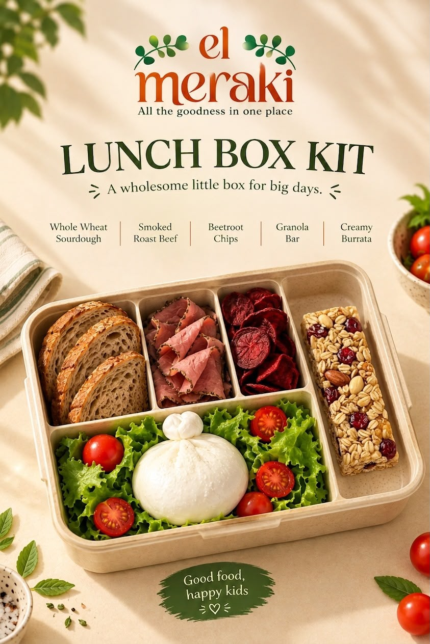 Lunch Box Kit 1 featuring whole wheat sourdough, smoked roast beef, beetroot chips, granola bar and creamy burrata