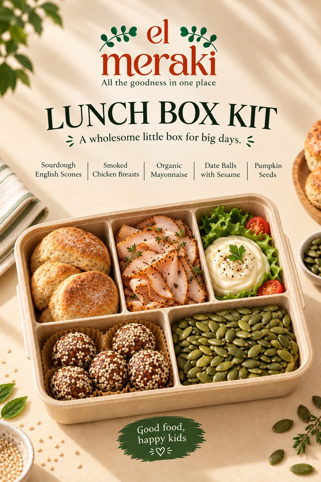 Lunch Box Kit 2 featuring sourdough English muffins, smoked chicken breasts, organic mayonnaise, sesame-covered date balls and pumpkin seeds