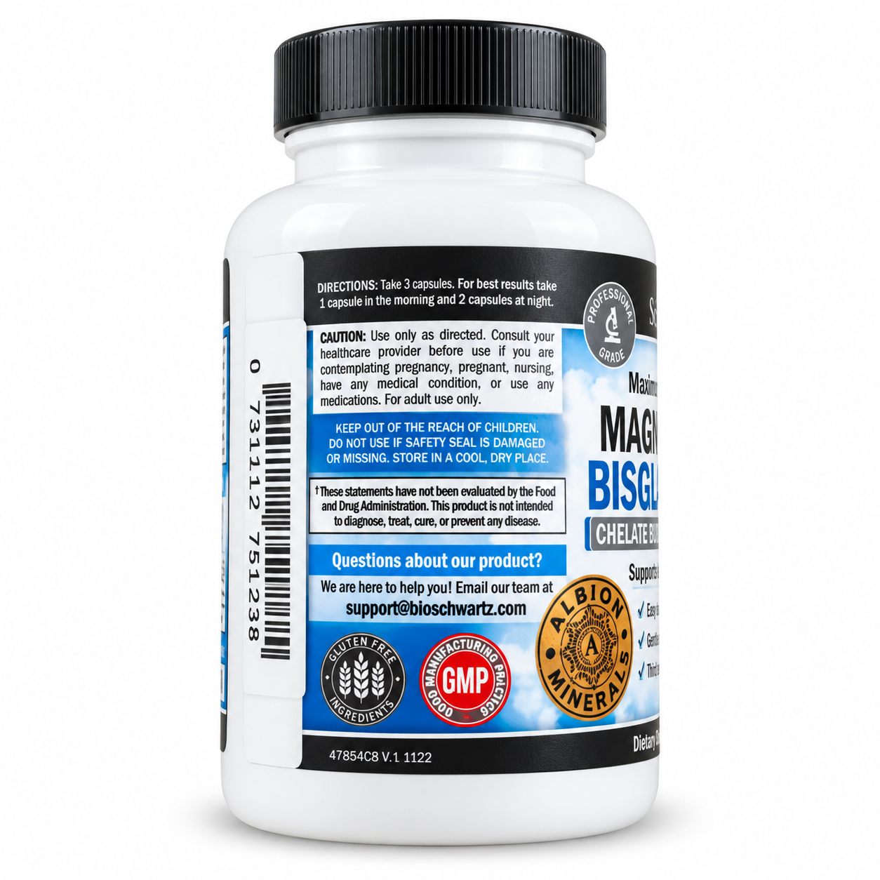 BioSchwartz Magnesium Bisglycinate 180 veggie capsules side label showing directions, warnings and storage information