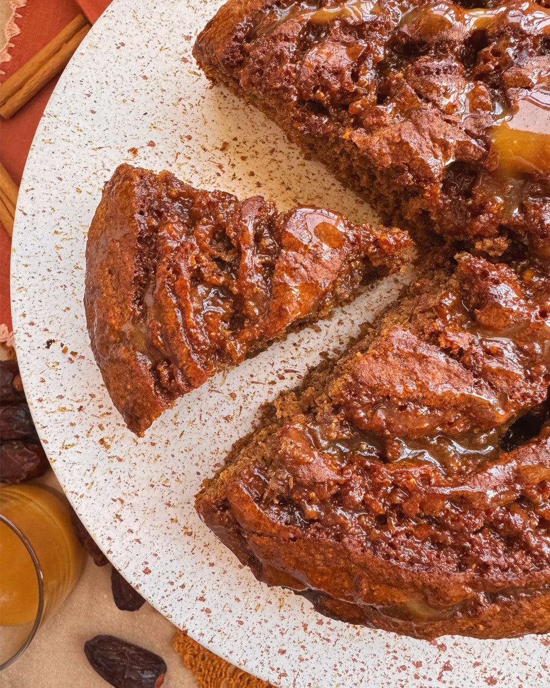 Be Good Today Small Majdool Date Cake with oat flour, cinnamon, Majdool dates and salted honey caramel drizzle