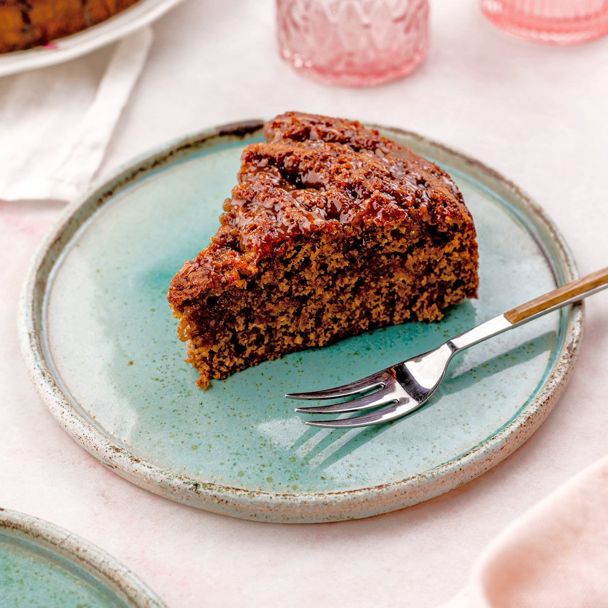 Majdool Date Cake with Salted Honey Caramel Small by Be Good Today, date cake with oat flour, cinnamon and sticky salted honey caramel