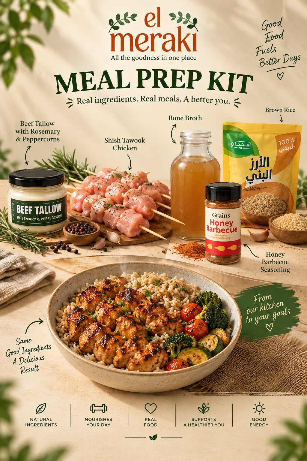 Meal Prep Kit 1 featuring beef tallow with rosemary and peppercorns, shish tawook chicken, bone broth, brown rice and honey barbecue seasoning