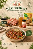 Meal Prep Kit 1 featuring beef tallow with rosemary and peppercorns, shish tawook chicken, bone broth, brown rice and honey barbecue seasoning