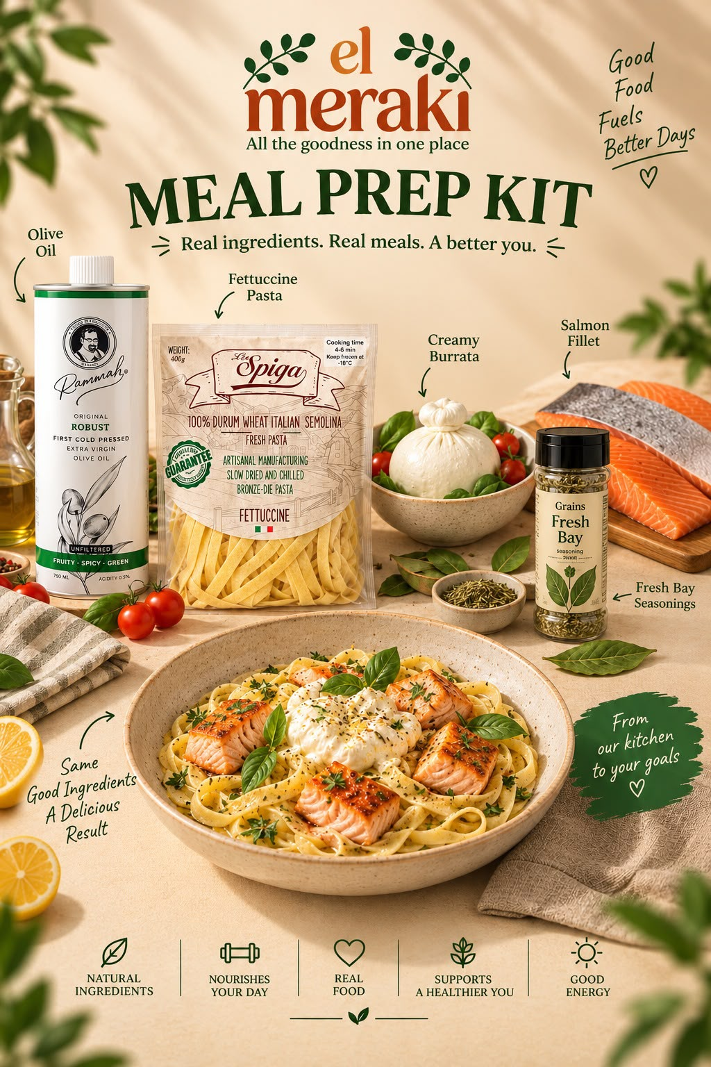 Meal Prep Kit 2 featuring salmon fillet, fettuccine pasta, creamy burrata, extra virgin olive oil and Fresh Bay seasoning