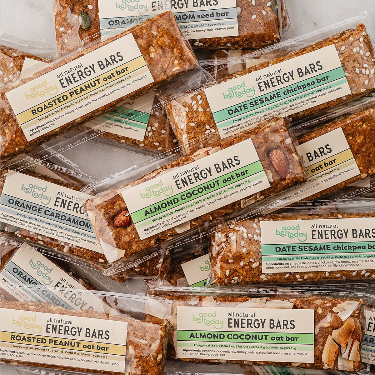 Mixed Energy Bars Bag by Be Good Today 12 pieces, with Almond Coconut Oat, Date Sesame Chickpea, Orange Cardamom Seed and Roasted Peanut Oat bars