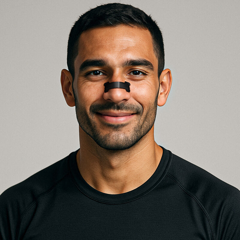 Discreet Black Nafas Nasal Tape applied on a person's nose, available at El Meraki.