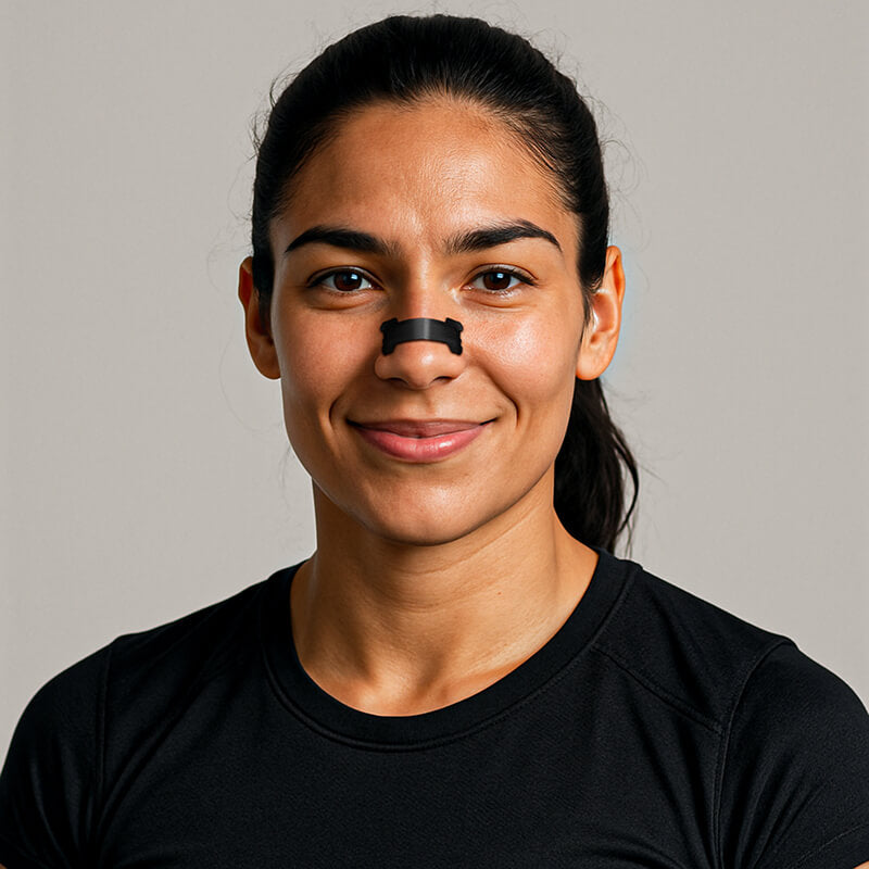 Discreet Black Nafas Nasal Tape applied on a person's nose, available at El Meraki.